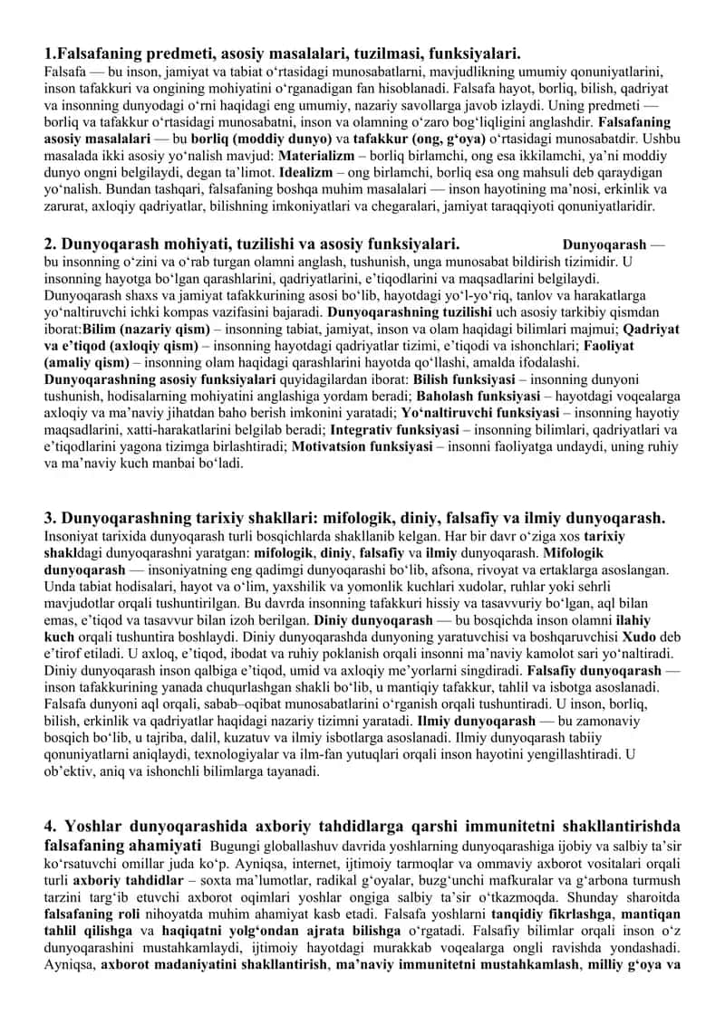 Falsafaning predmeti, asosiy masalalari, tuzilmasi, funksiyalari 1