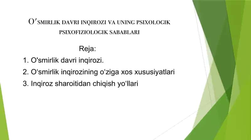 O'smirlik davri inqirozi va uning psixologik psixofiziologik sabablari. Taqdimot 1