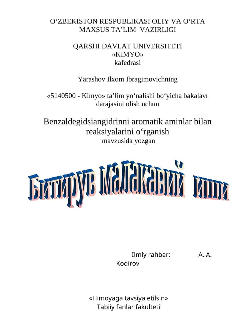 Benzaldegidsiangidrinni aromatik aminlar bilan reaksiyalarini o‘rganish 1