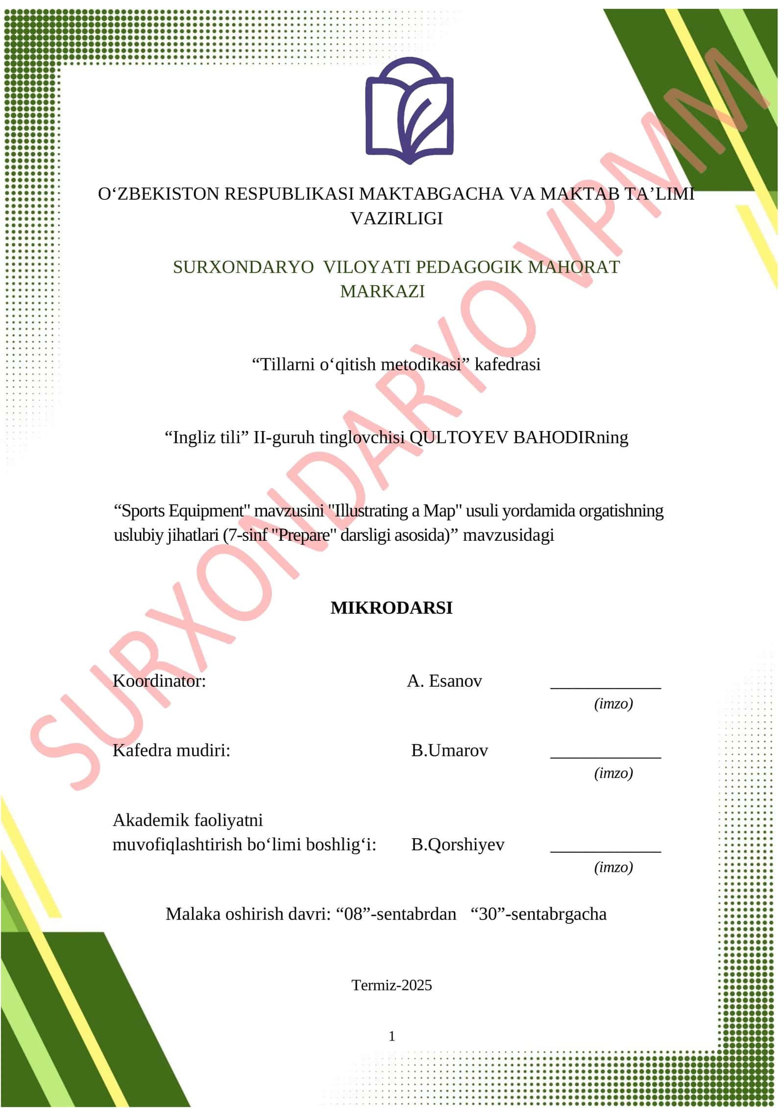 "Sports Equipment" mavzusini "Illustrating a Map" usuli yordamida orgatishning uslubiy jihatlari 1