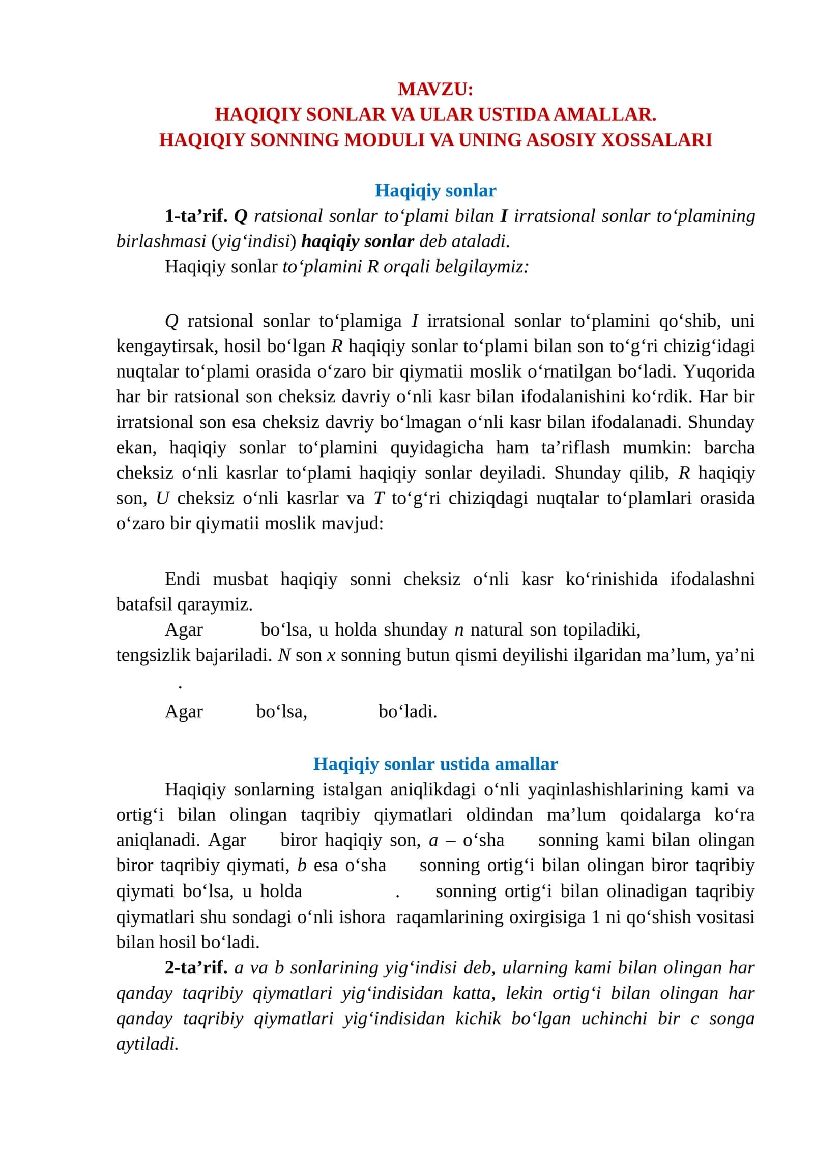 HAQIQIY SONLAR VA ULAR USTIDA AMALLAR. HAQIQIY SONNING MODULI VA UNING ASOSIY XOSSALARI 1