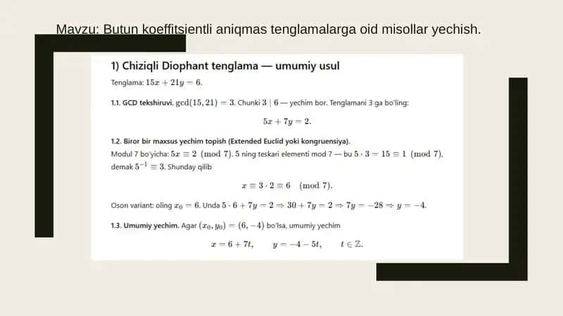 Butun koeffitsientli aniqmas tenglamalarga oid misollar yechish. 1