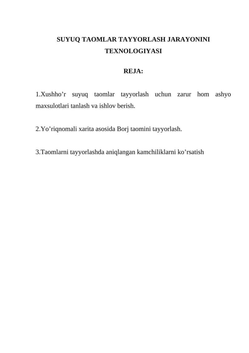 SUYUQ TAOMLAR TAYYORLASH JARAYONINI TEXNOLOGIYASI 1