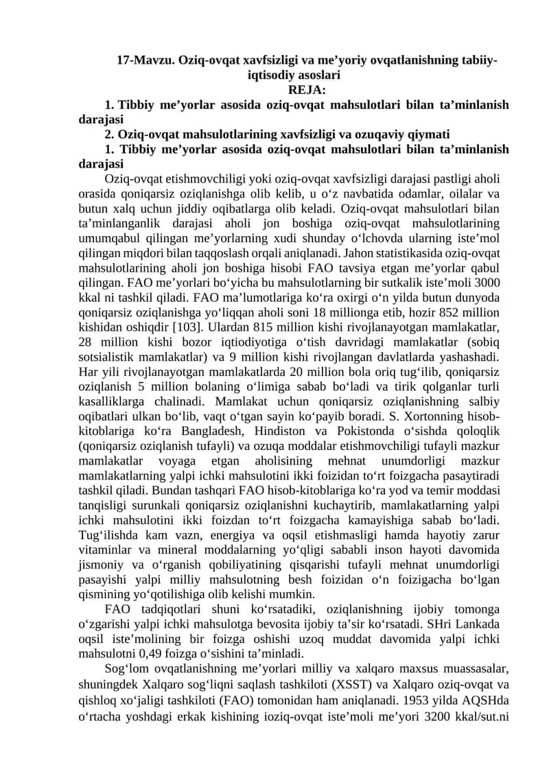 Oziq-ovqat xavfsizligi va me’yoriy ovqatlanishning tabiiy-iqtisodiy asoslari 1