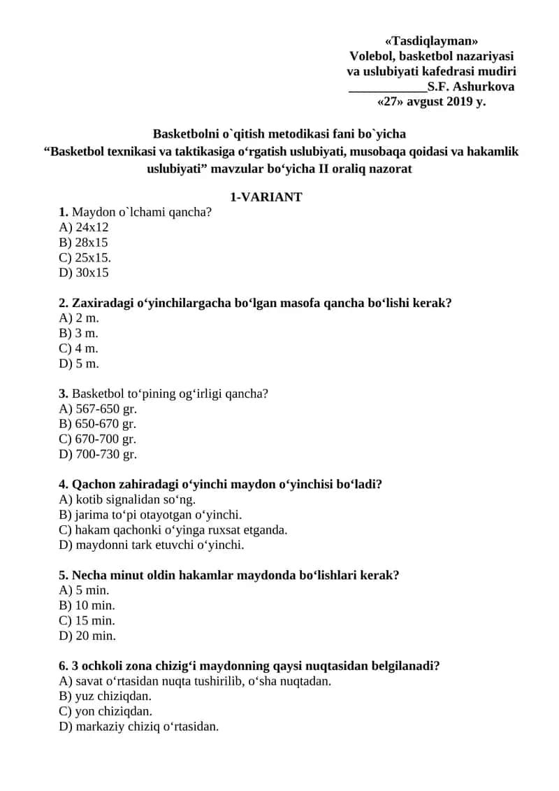 Basketbol texnikasi va taktikasiga o‘rgatish uslubiyati, musobaqa qoidasi va hakamlik uslubiyati 1