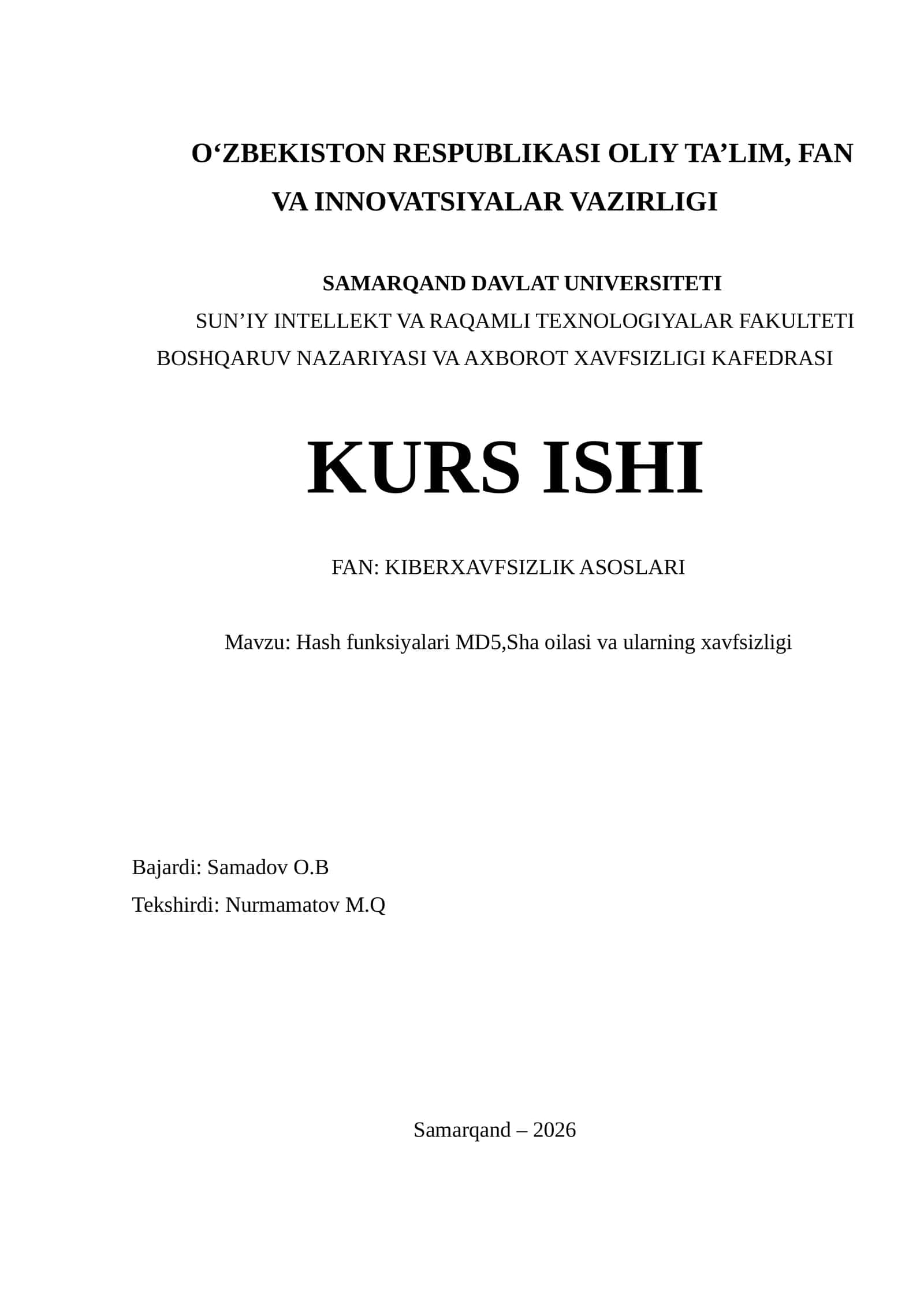 Hash funksiyalari MD5,Sha oilasi va ularning xavfsizligi 1