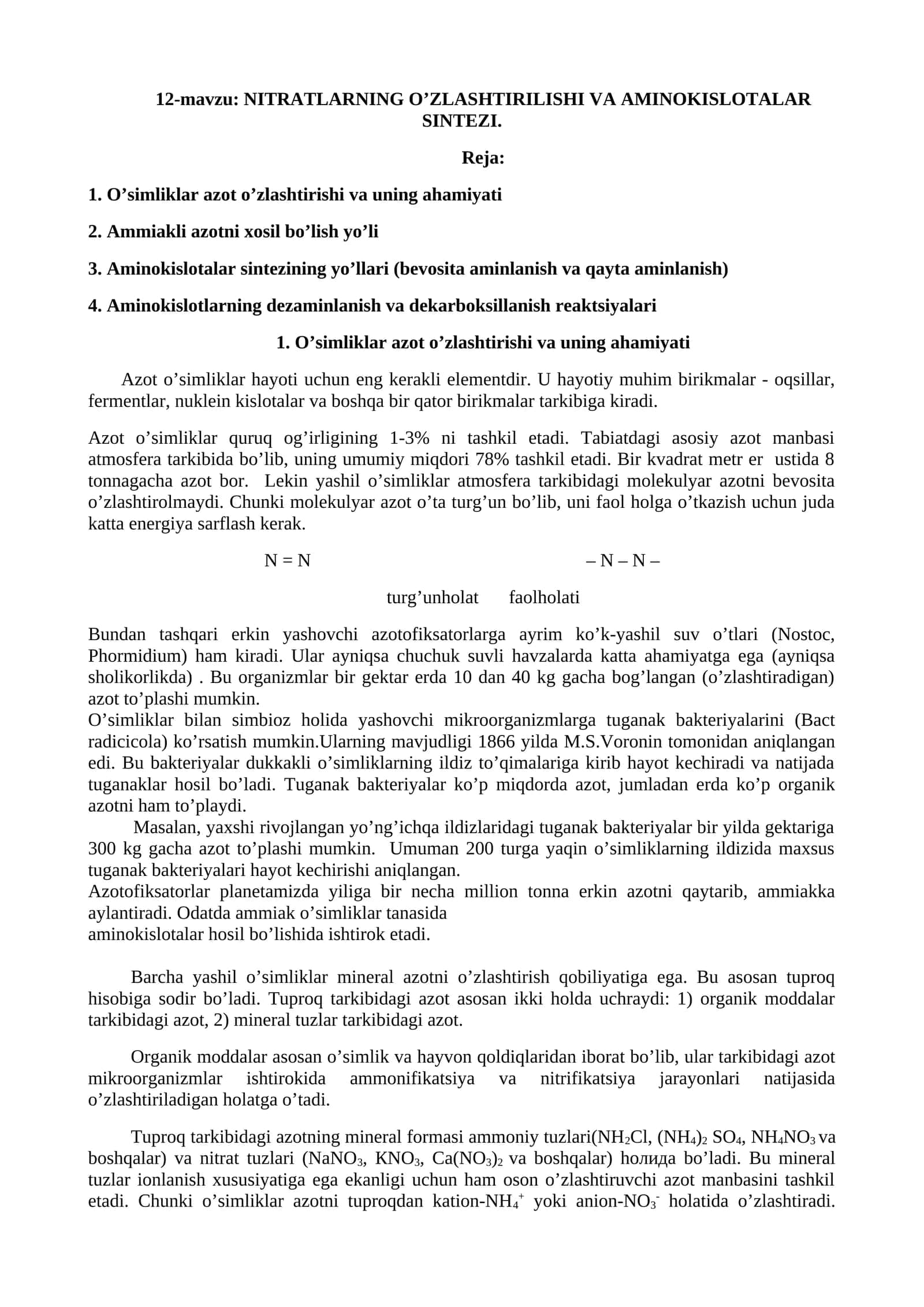NITRATLARNING O’ZLASHTIRILISHI VA AMINOKISLOTALAR SINTЕZI 1