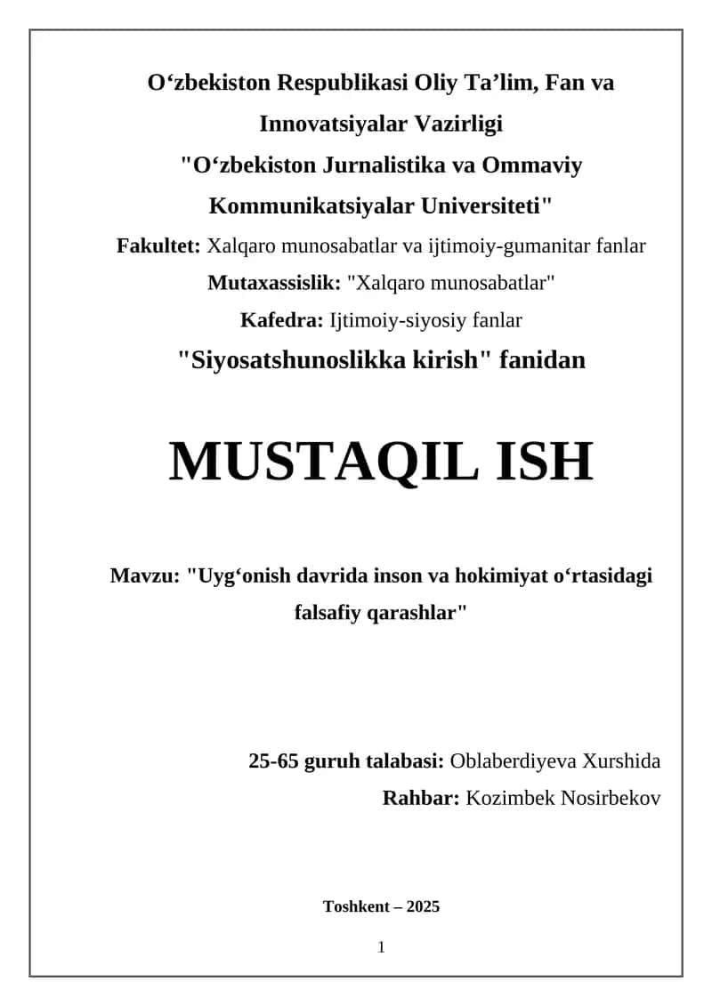 Uyg‘onish davrida inson va hokimiyat o‘rtasidagi falsafiy qarashlar 1