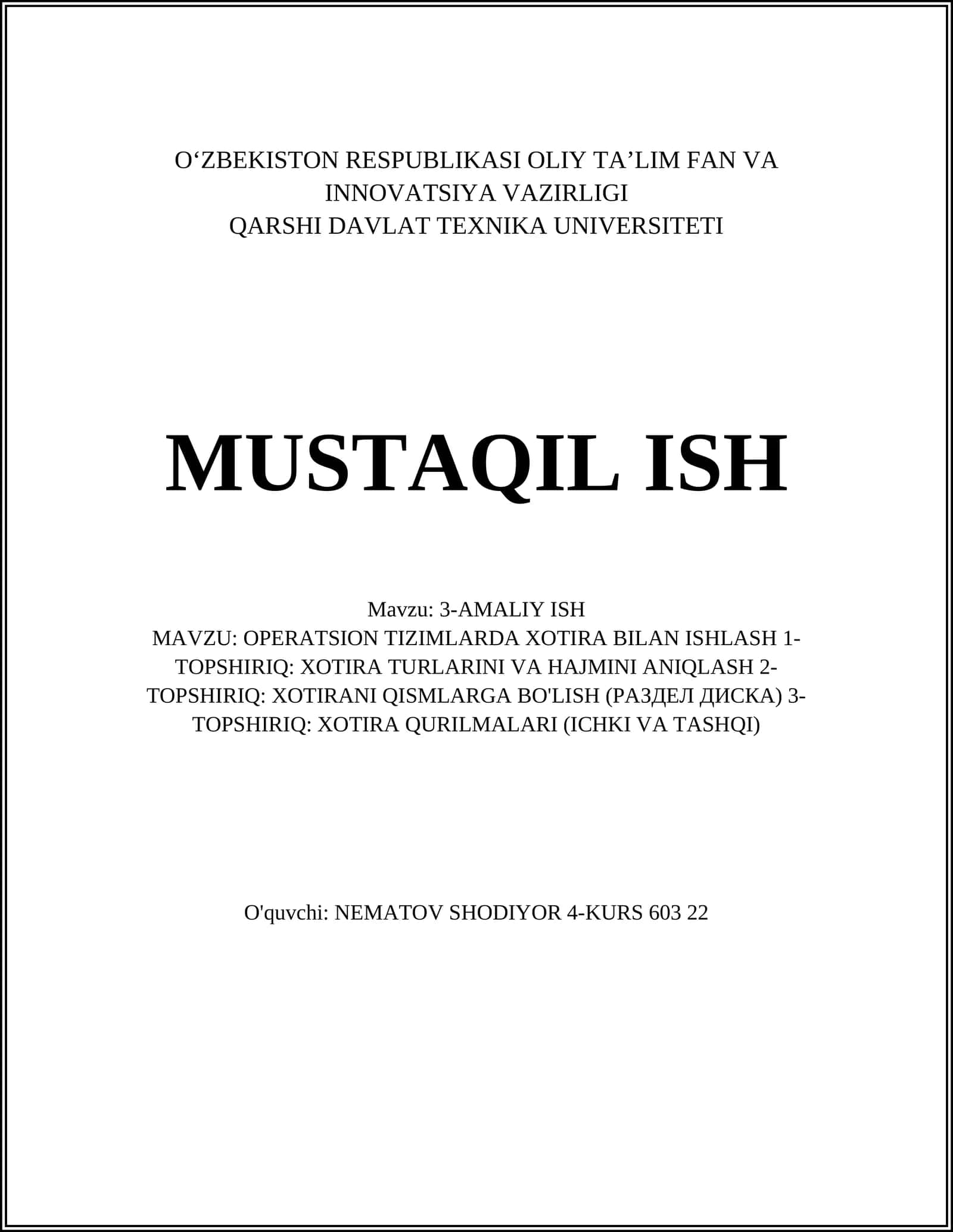 OPERATSION TIZIMLARDA XOTIRA BILAN ISHLASH 1