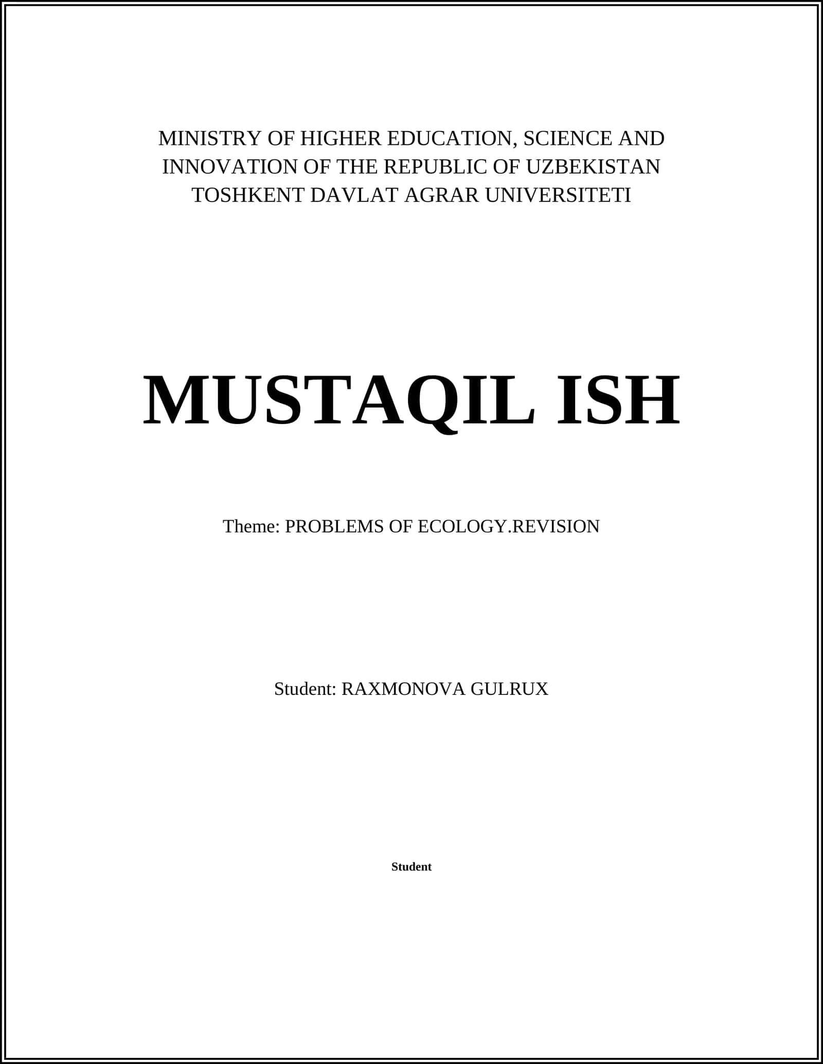 MUSTAQIL ISH: PROBLEMS OF ECOLOGY.REVISION 1