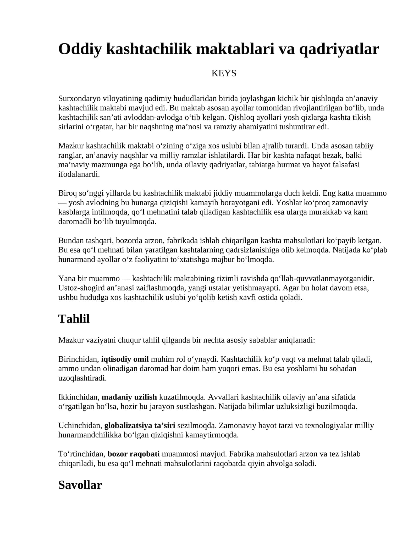 Oddiy kashtachilik maktablari va qadriyatlar 1