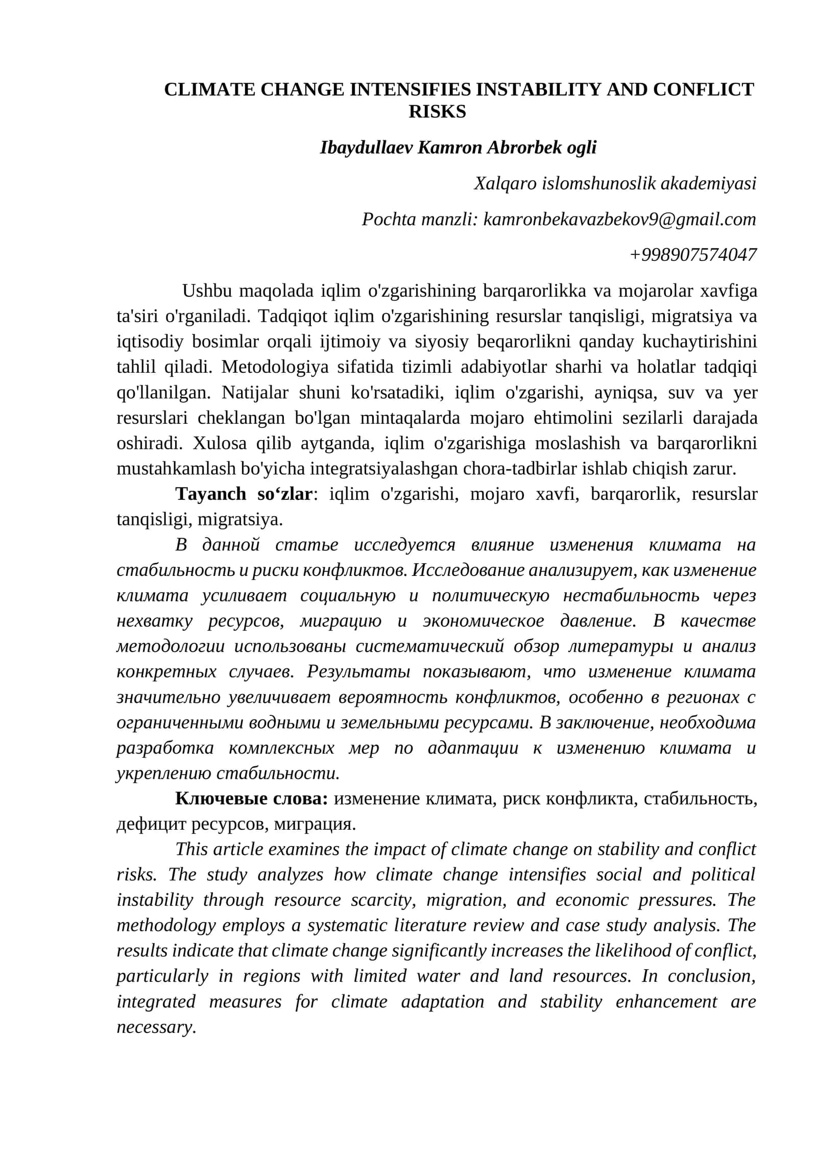 Iqlim o'zgarishining barqarorlikka va mojarolar xavfiga ta'siri 1