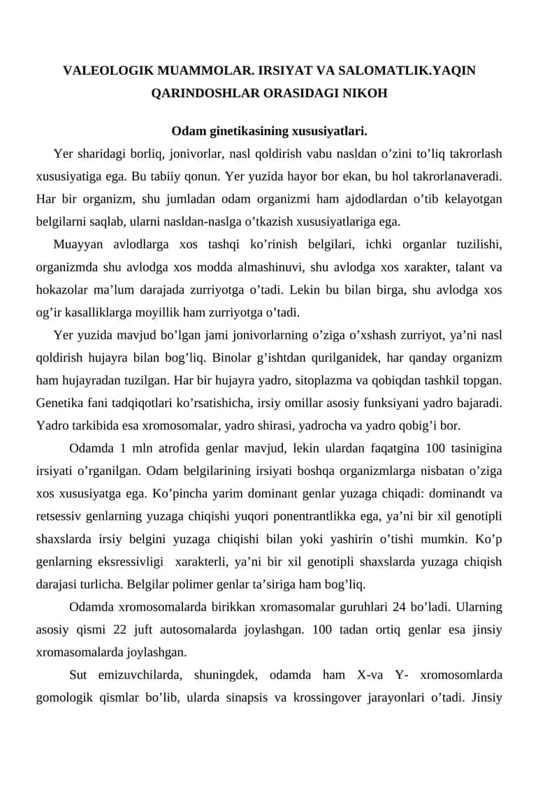 VALEOLOGIK MUAMMOLAR. IRSIYAT VA SALOMATLIK.YAQIN QARINDOSHLAR ORASIDAGI NIKOH 1