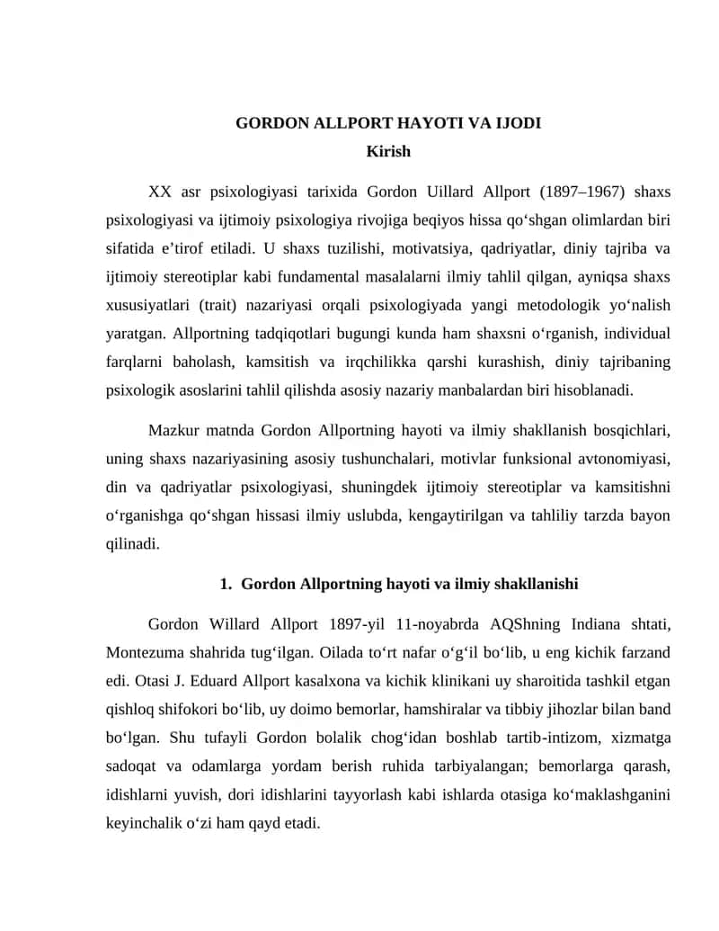 GORDON ALLPORT HAYOTI VA IJODI 1