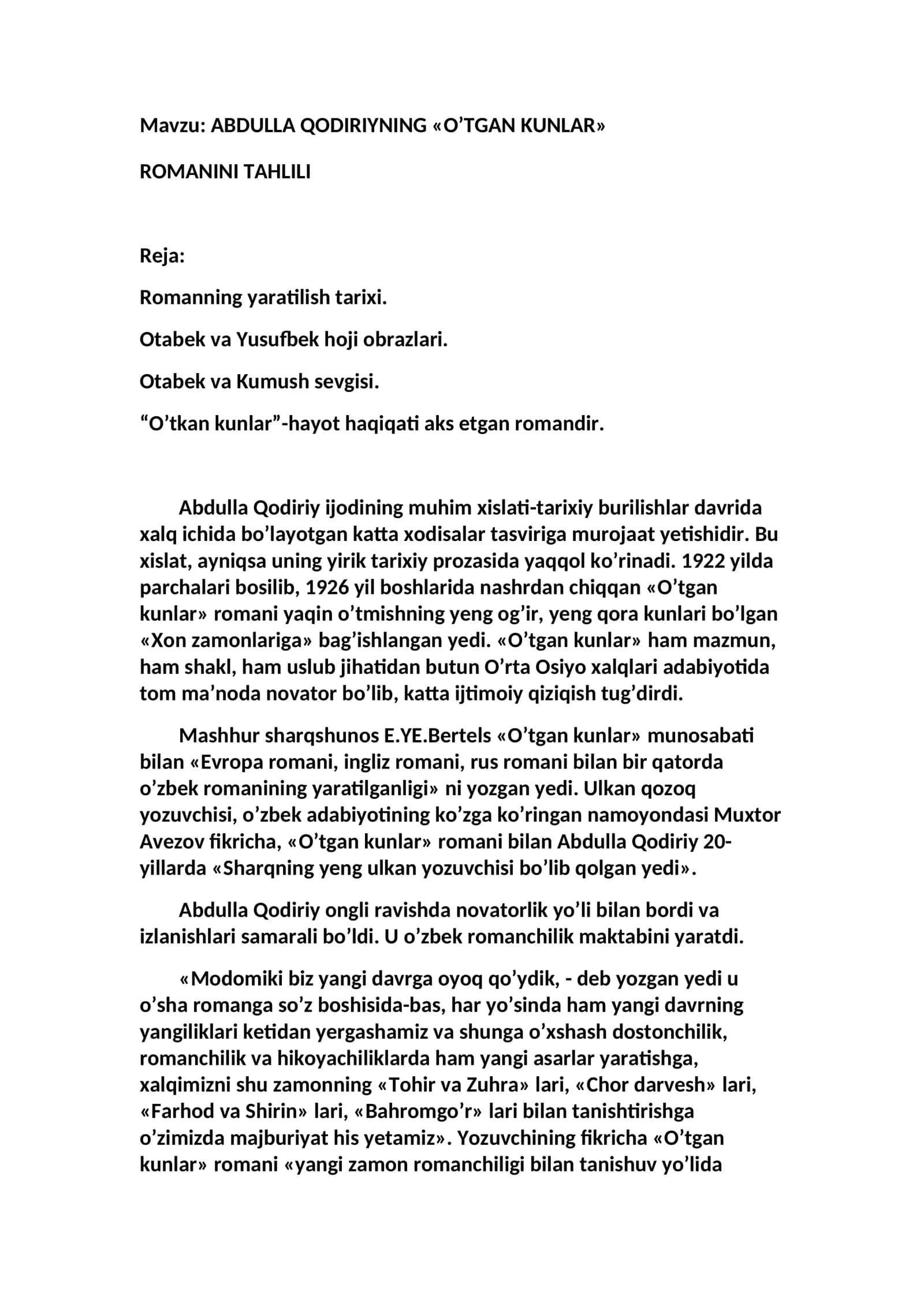 ABDULLA QODIRIYNING «O’TGAN KUNLAR» ROMANINI TAHLILI 1