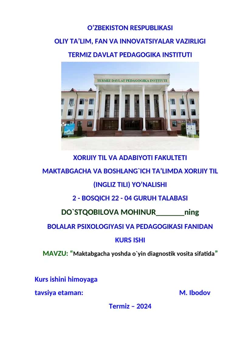 Maktabgacha yoshda o`yin diagnostik vosita sifatida 1