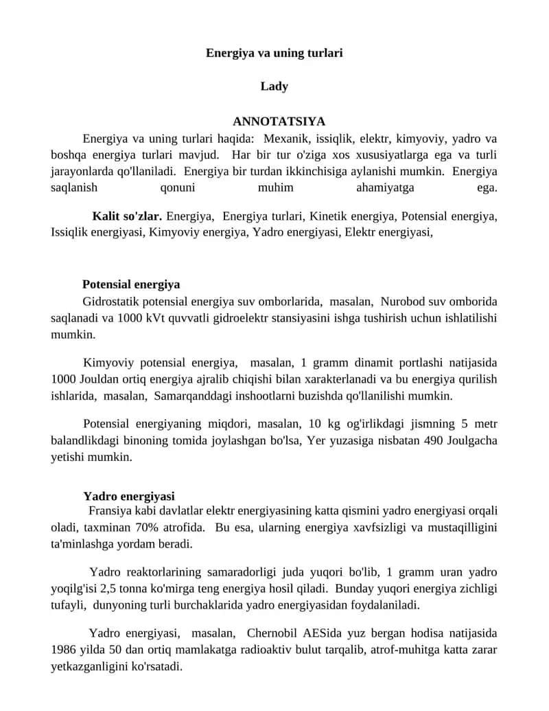 Energiya va uning turlari 1