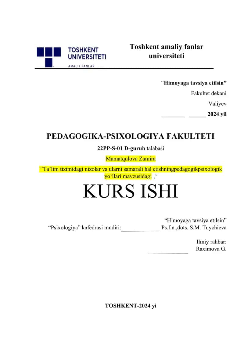 Taʼlim tizimidagi nizolar va ularni samarali hal etishning pedagogik psixologik yoʻllari mavzusidagi 1