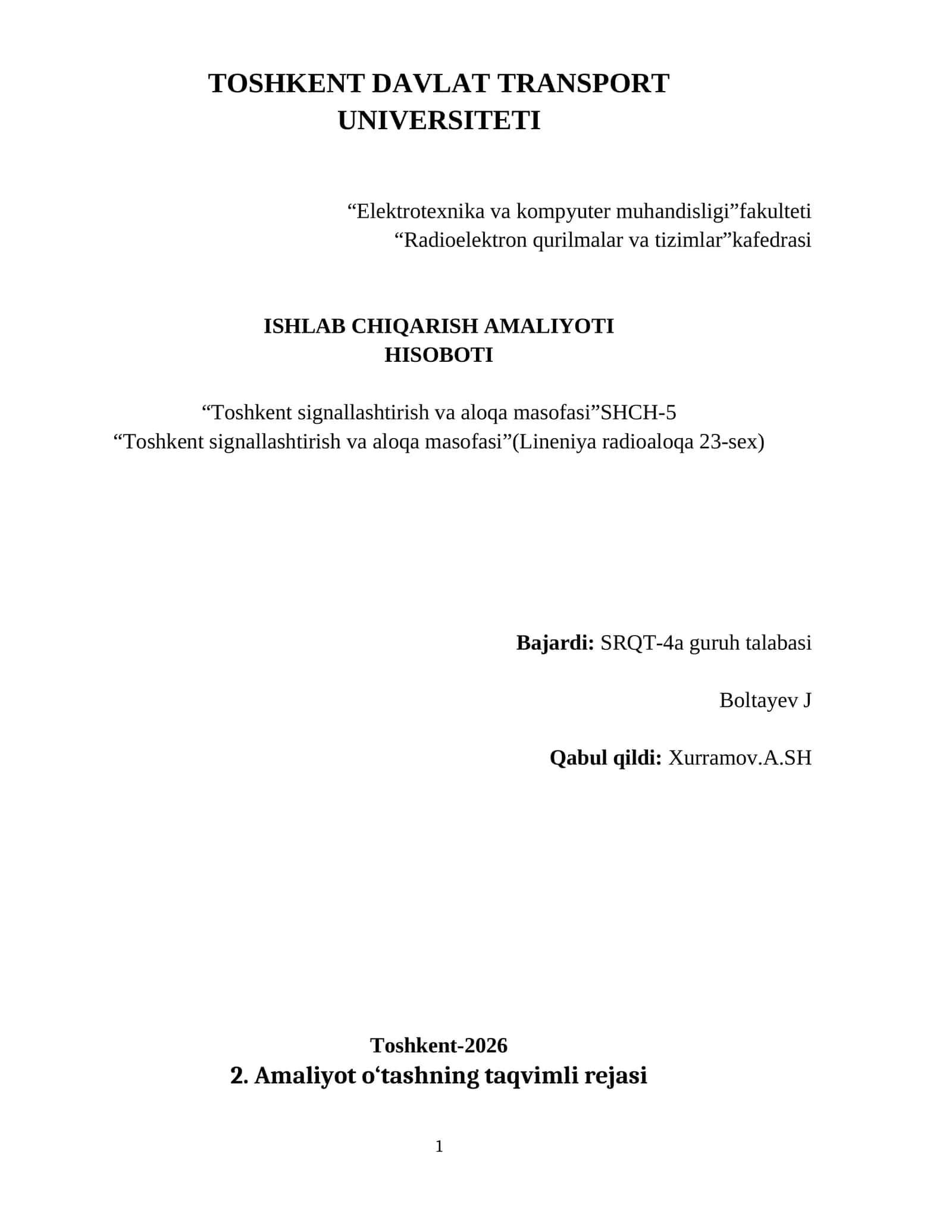 Amaliyot o‘tashning taqvimli rejasi 1