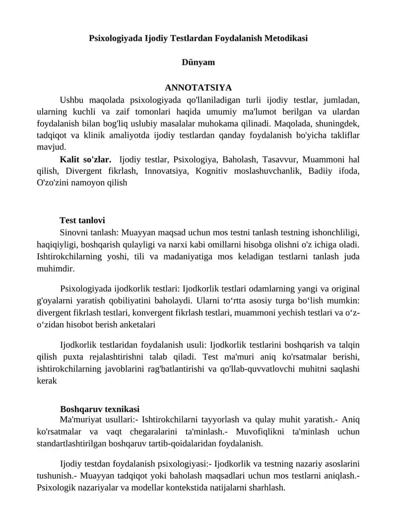 Psixologiyada Ijodiy Testlardan Foydalanish Metodikasi 1