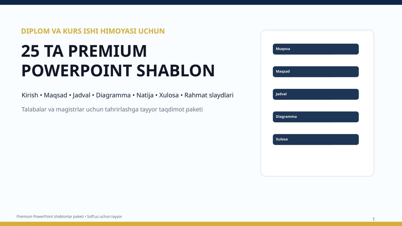 DIPLOM VA KURS ISHI HIMOYASI UCHUN 25 TA PREMIUM POWERPOINT SHABLON 1