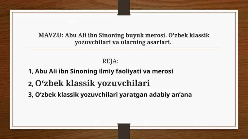 Abu Ali ibn Sinoning buyuk merosi. O’zbek klassik yozuvchilari va ularning asarlari 1