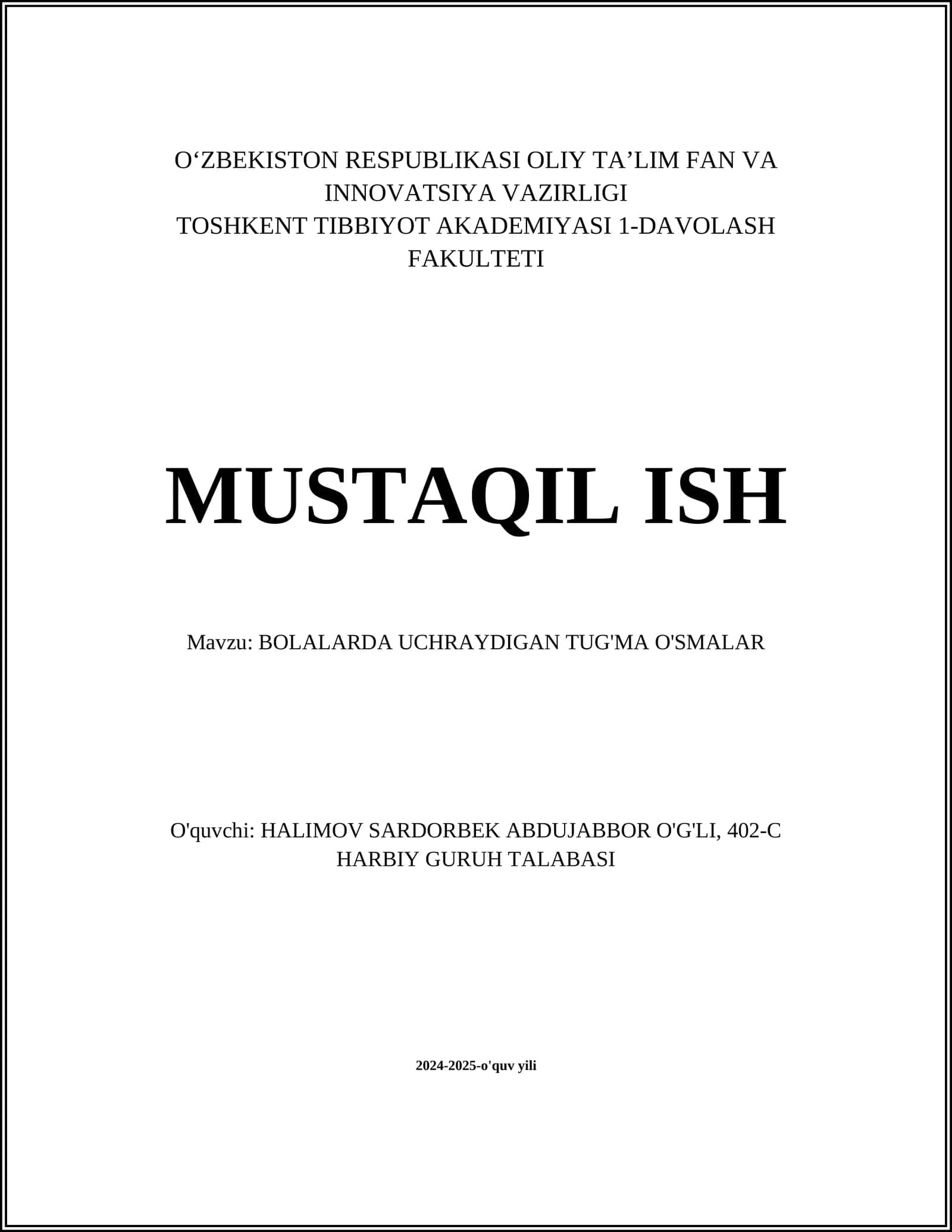 BOLALARDA UCHRAYDIGAN TUG'MA O'SMALAR 1