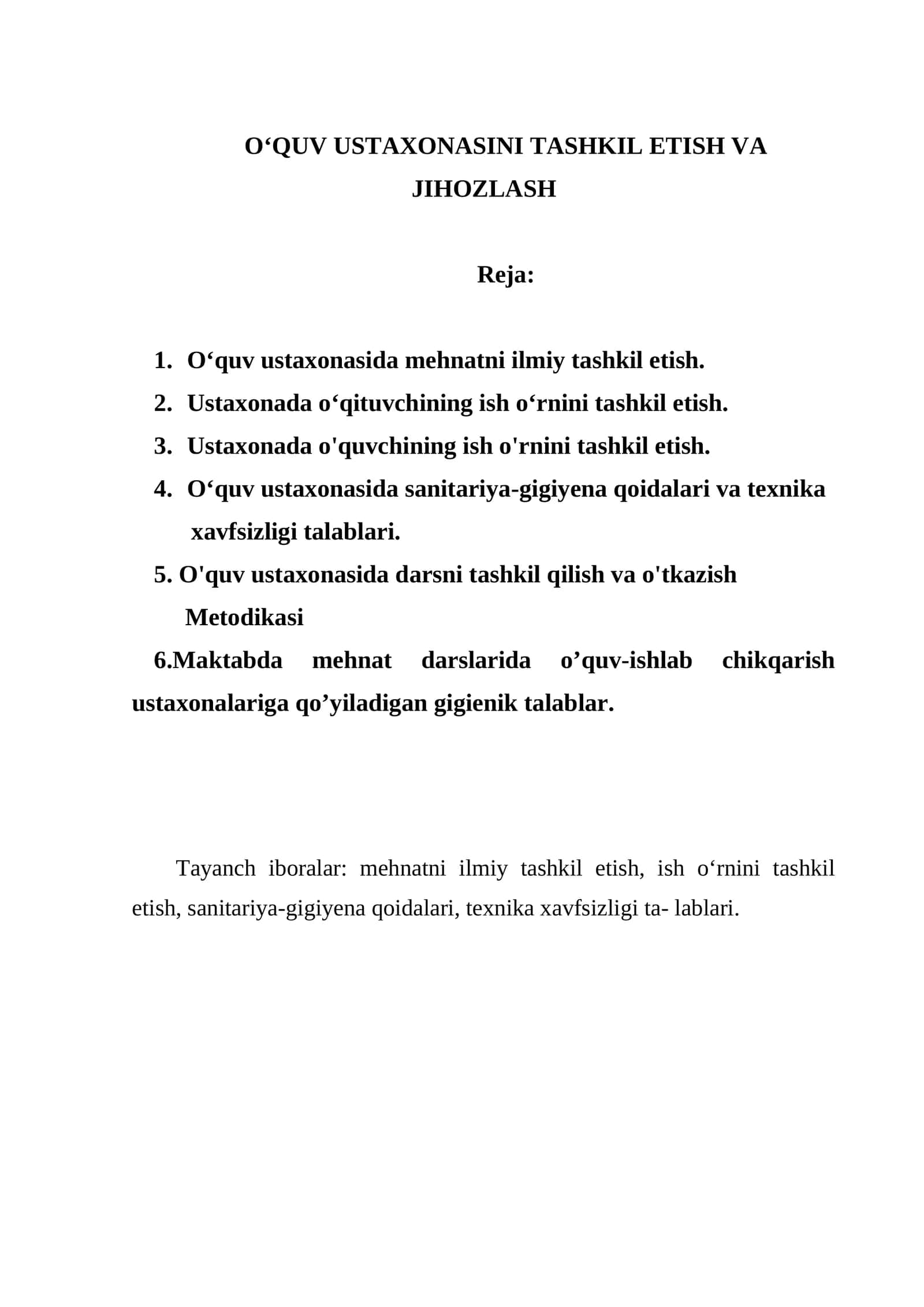 O‘QUV USTAXONASINI TASHKIL ETISH VA JIHOZLASH 1