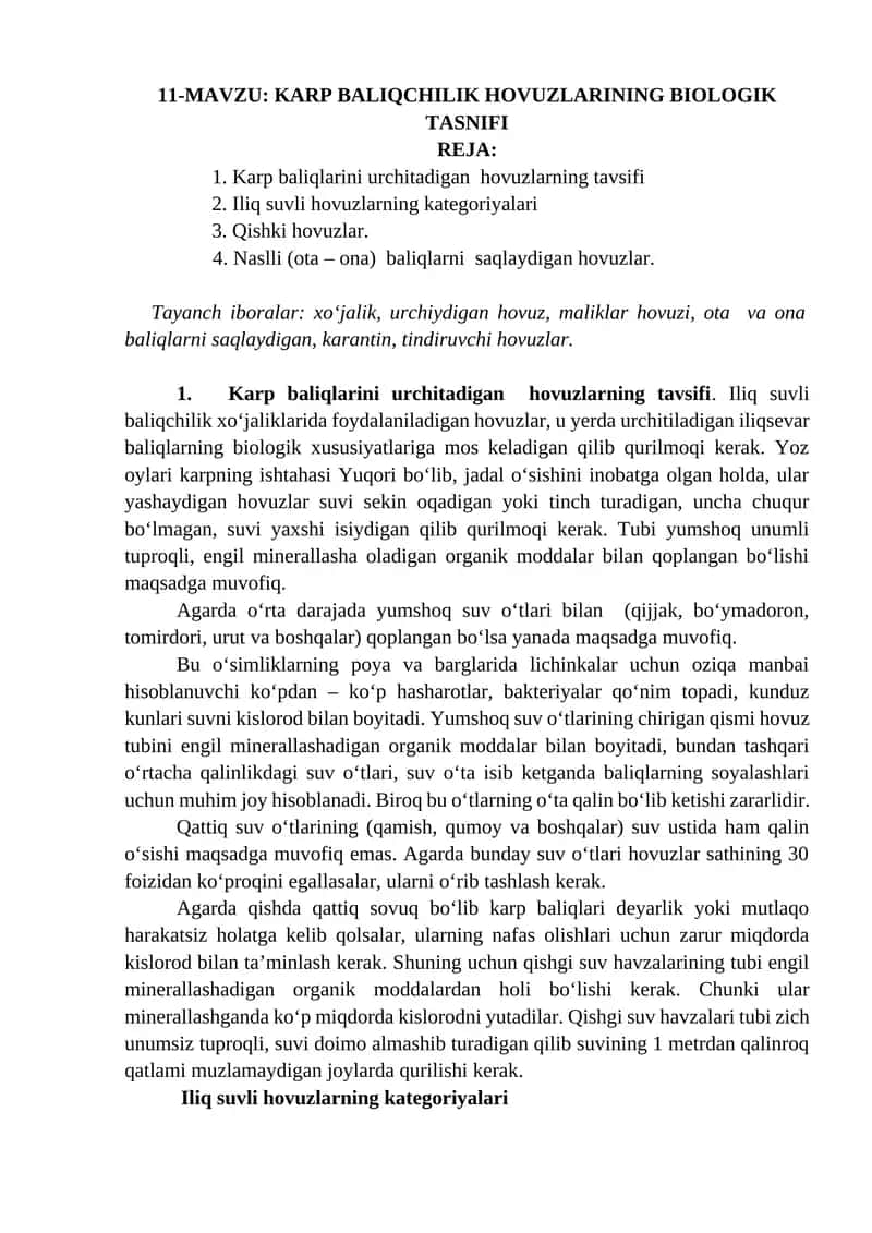 Karp baliqchilik hovuzlarining biologik tasnifi 1