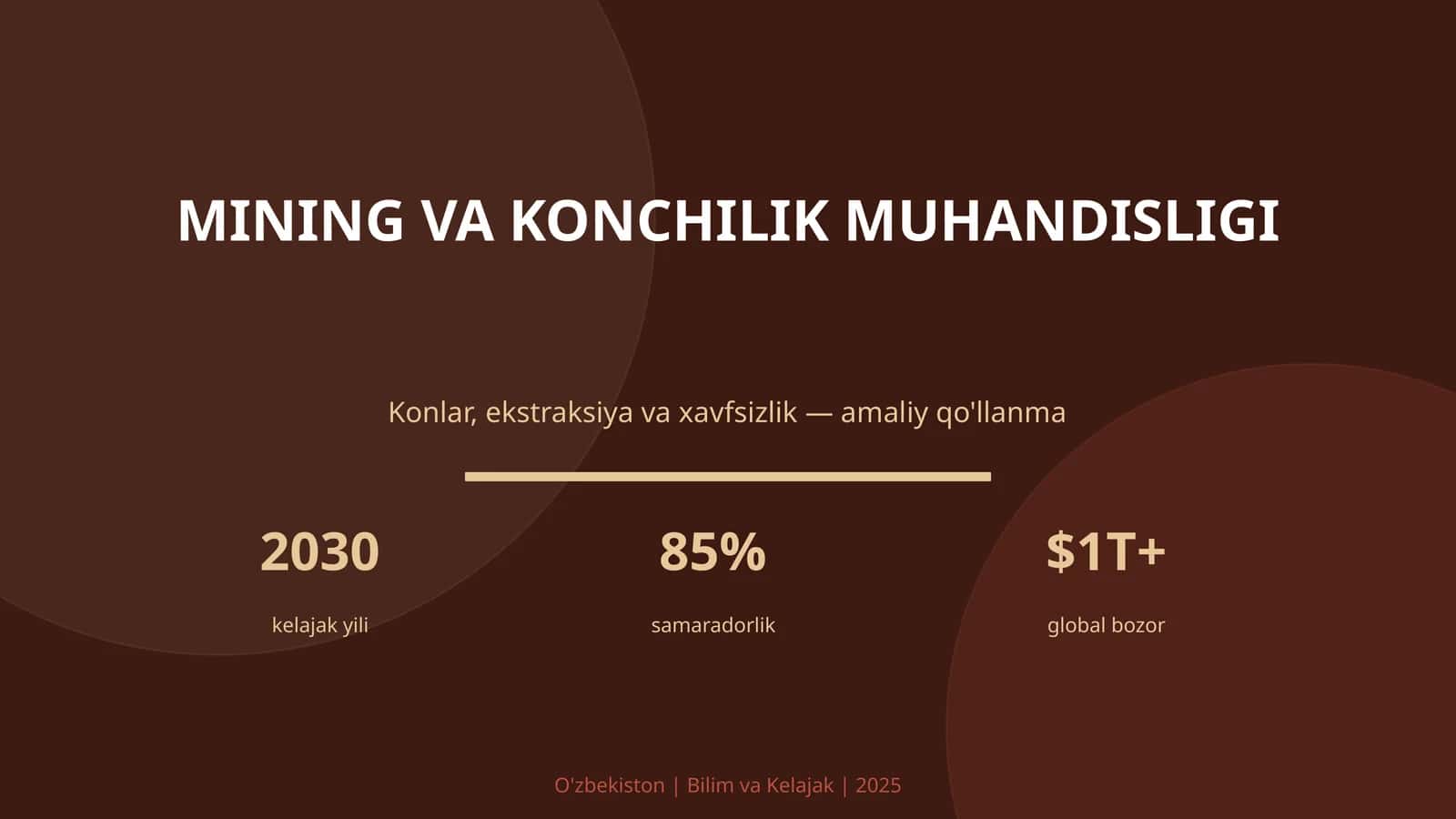 MINING VA KONCHILIK MUHANDISLIGI Konlar, ekstraksiya va xavfsizlik — amaliy qo'llanma 2030 kelajak yili 85% samaradorlik $1T+ global bozor O'zbekiston | Bilim va Kelajak | 2025 KIRISH: Mining va konchilik muhandisligi 1