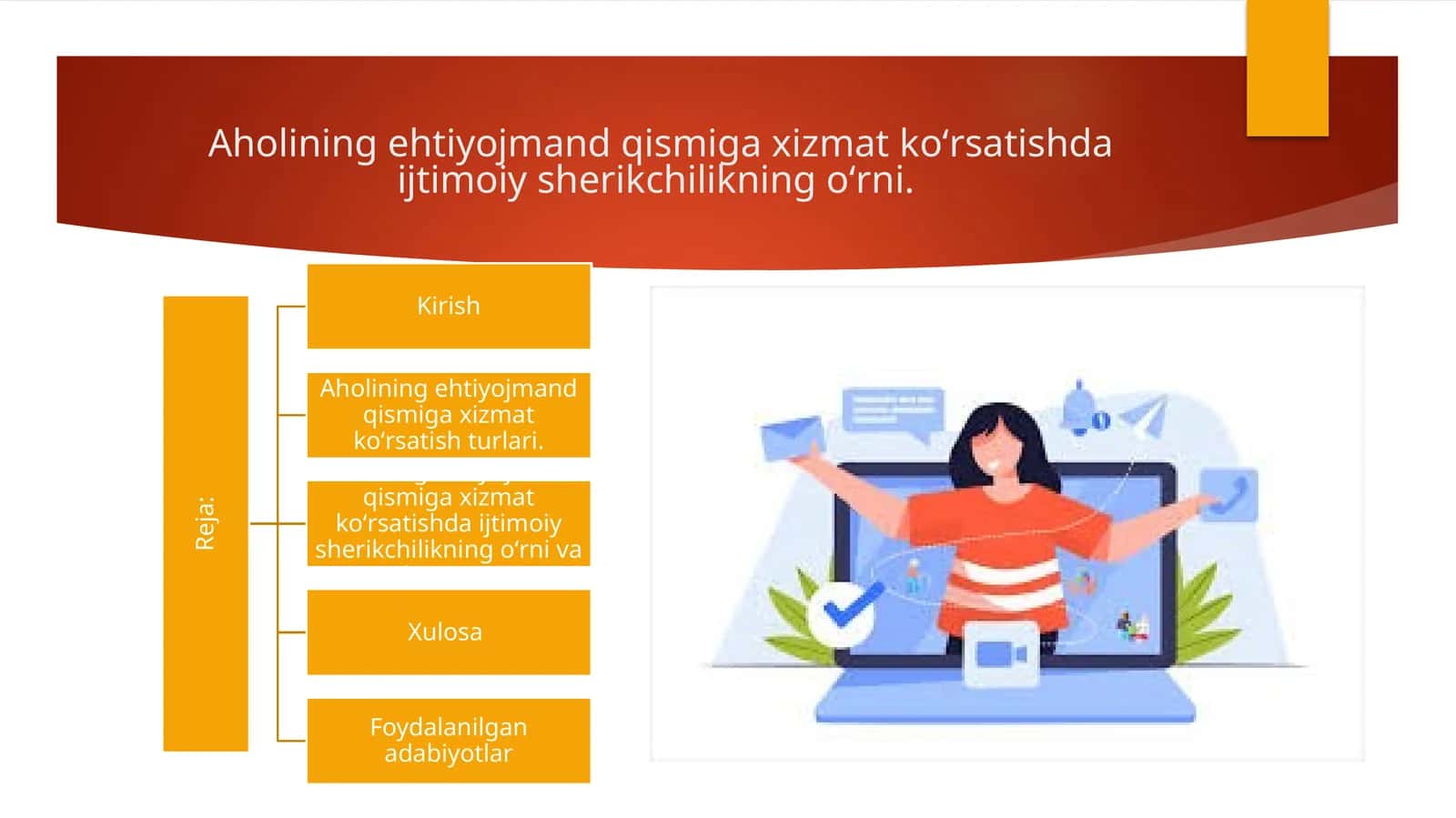 Aholining ehtiyojmand qismiga xizmat koʻrsatishda ijtimoiy sherikchilikning oʻrni. 1