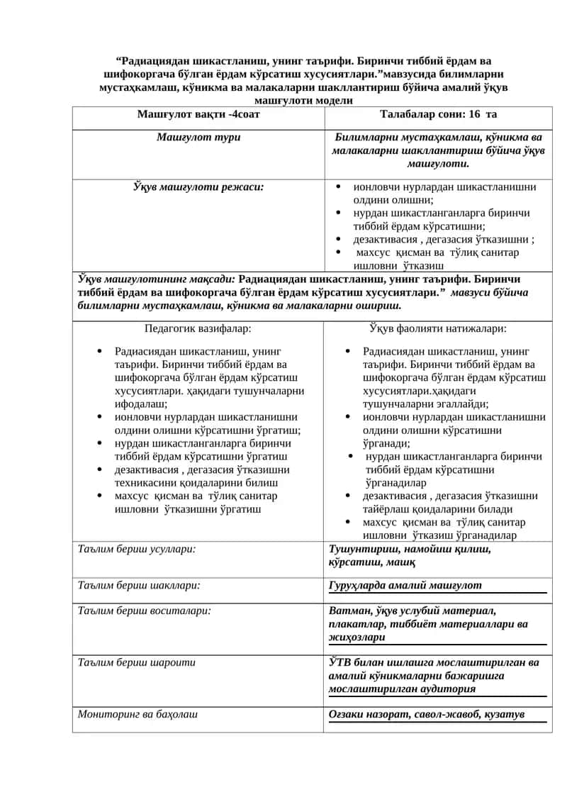 Радиациядан шикастланиш, унинг таърифи. Биринчи тиббий ёрдам ва шифокоргача бўлган ёрдам кўрсатиш хусусиятлари.”мавзусида билимларни мустаҳкамлаш, кўникма ва малакаларни шакллантириш бўйича амалий ўқув машғулоти модели 1