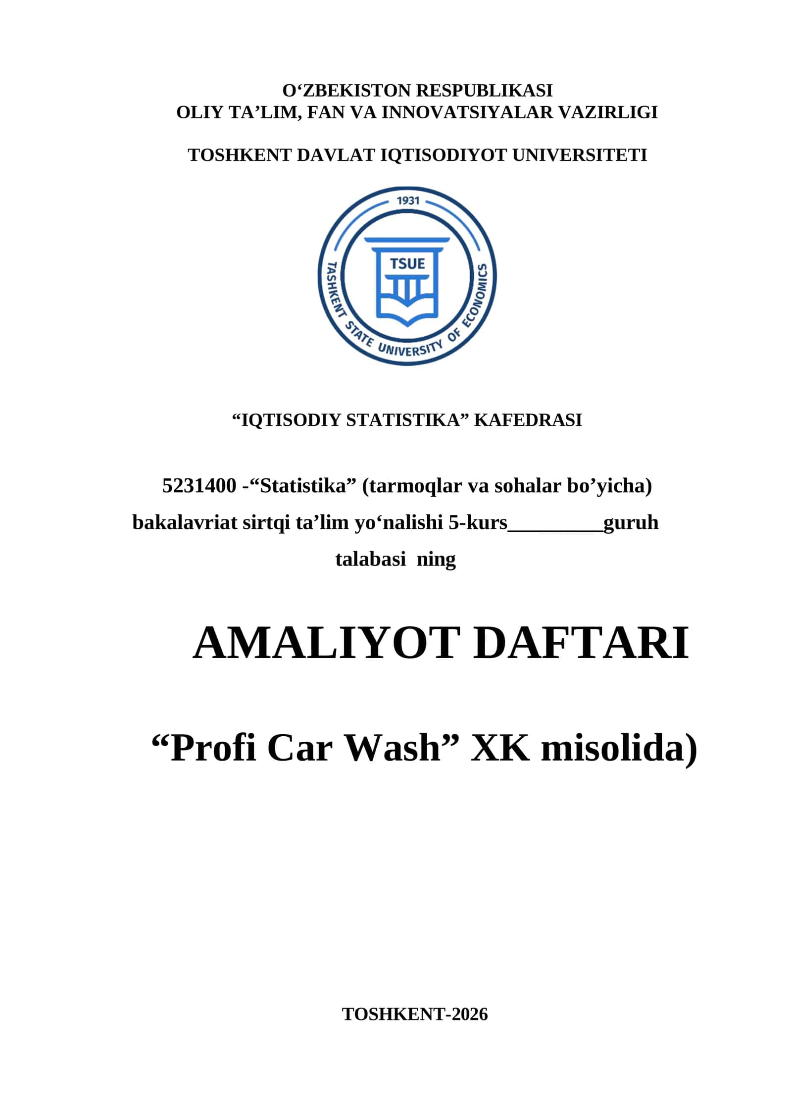 “Profi Car Wash” XK misolida   amaliyot hisobot    "Tayyor amaliyot hisoboti: Buxgalteriya va Statistika (Avtoyuvish shaxobchasi misolida)" 1