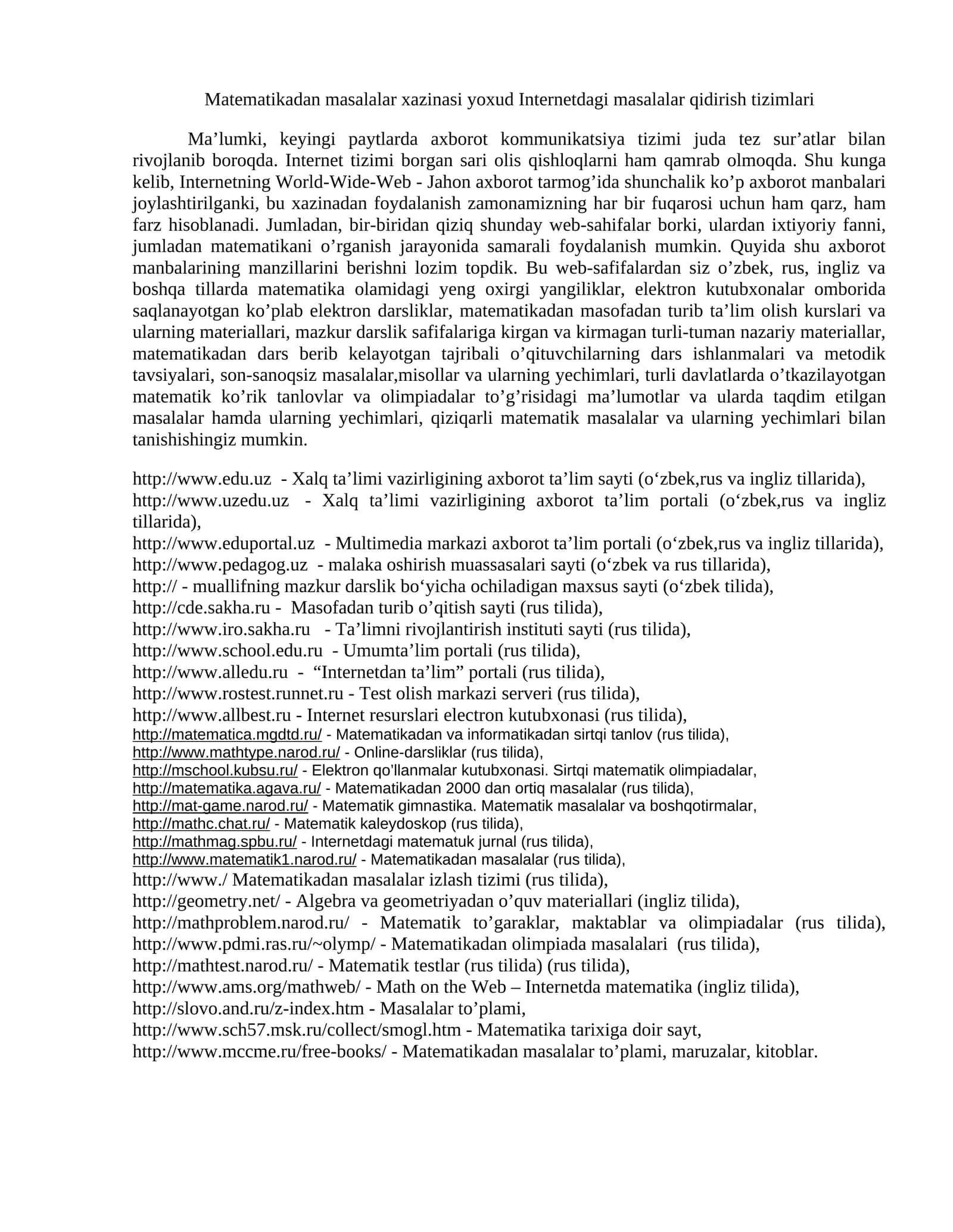 Internetdagi masalalar qidirish tizimlari 1