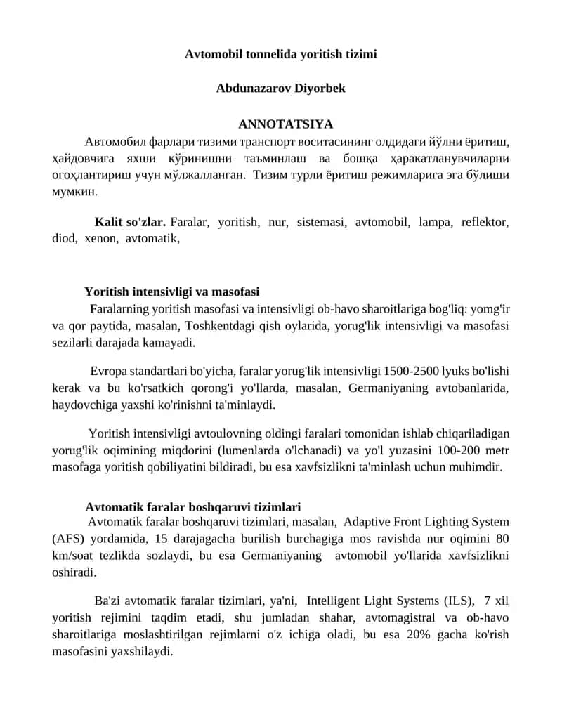 Avtomobil tonnelida yoritish tizimi 1