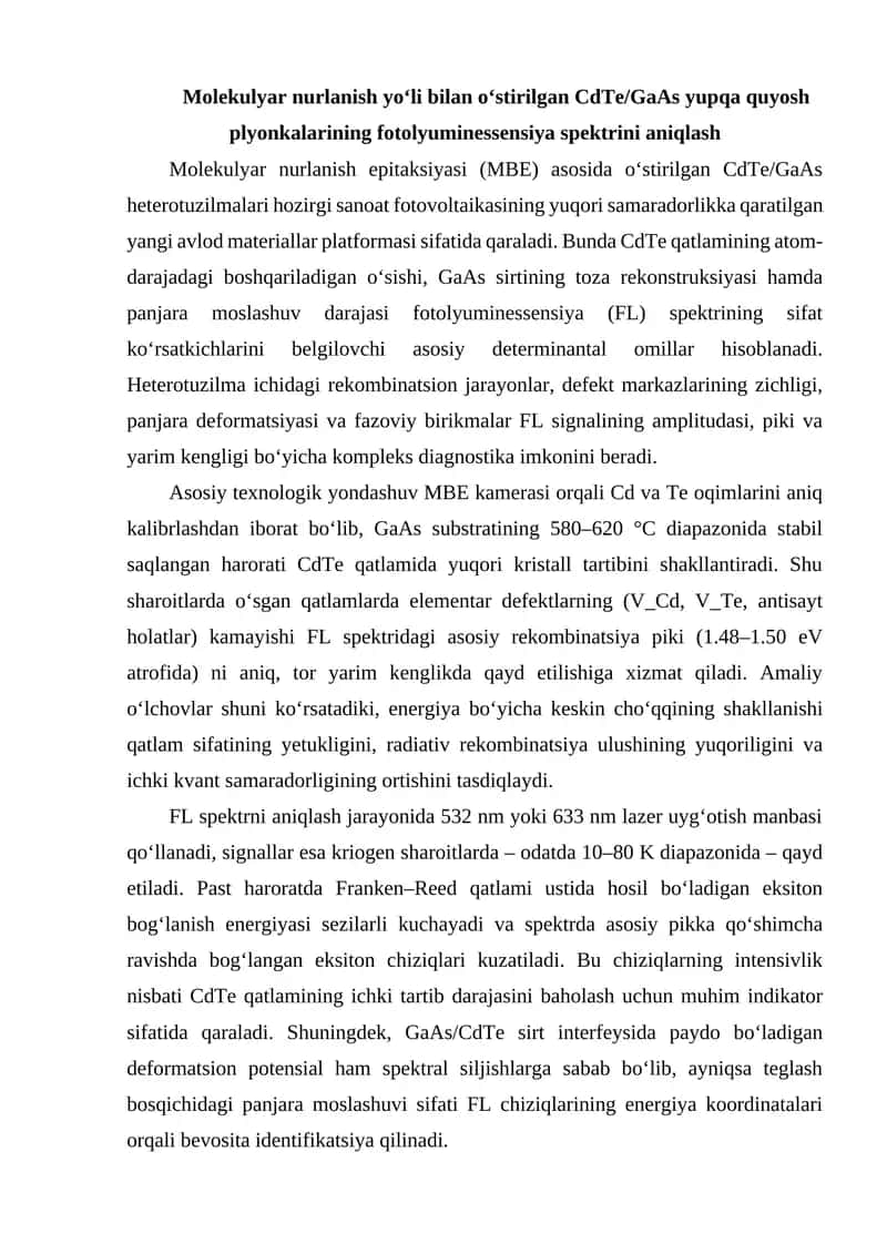 CdTe/GaAs yupqa quyosh plyonkalarining fotolyuminessensiya spektri 1