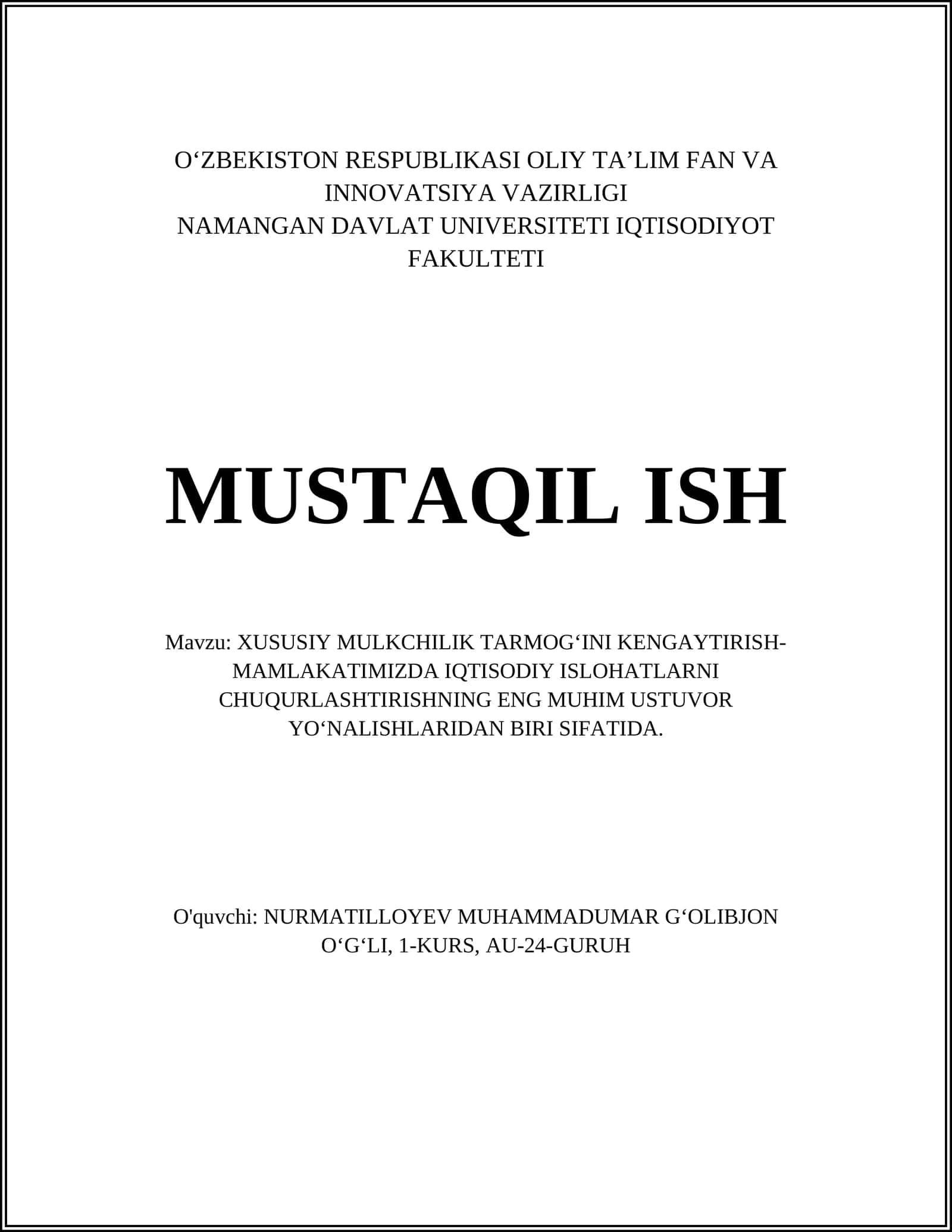 XUSUSIY MULKCHILIK TARMOGʻINI KENGAYTIRISH-MAMLAKATIMIZDA IQTISODIY ISLOHATLARNI CHUQURLASHTIRISHNING ENG MUHIM USTUVOR YOʻNALISHLARIDAN BIRI 1