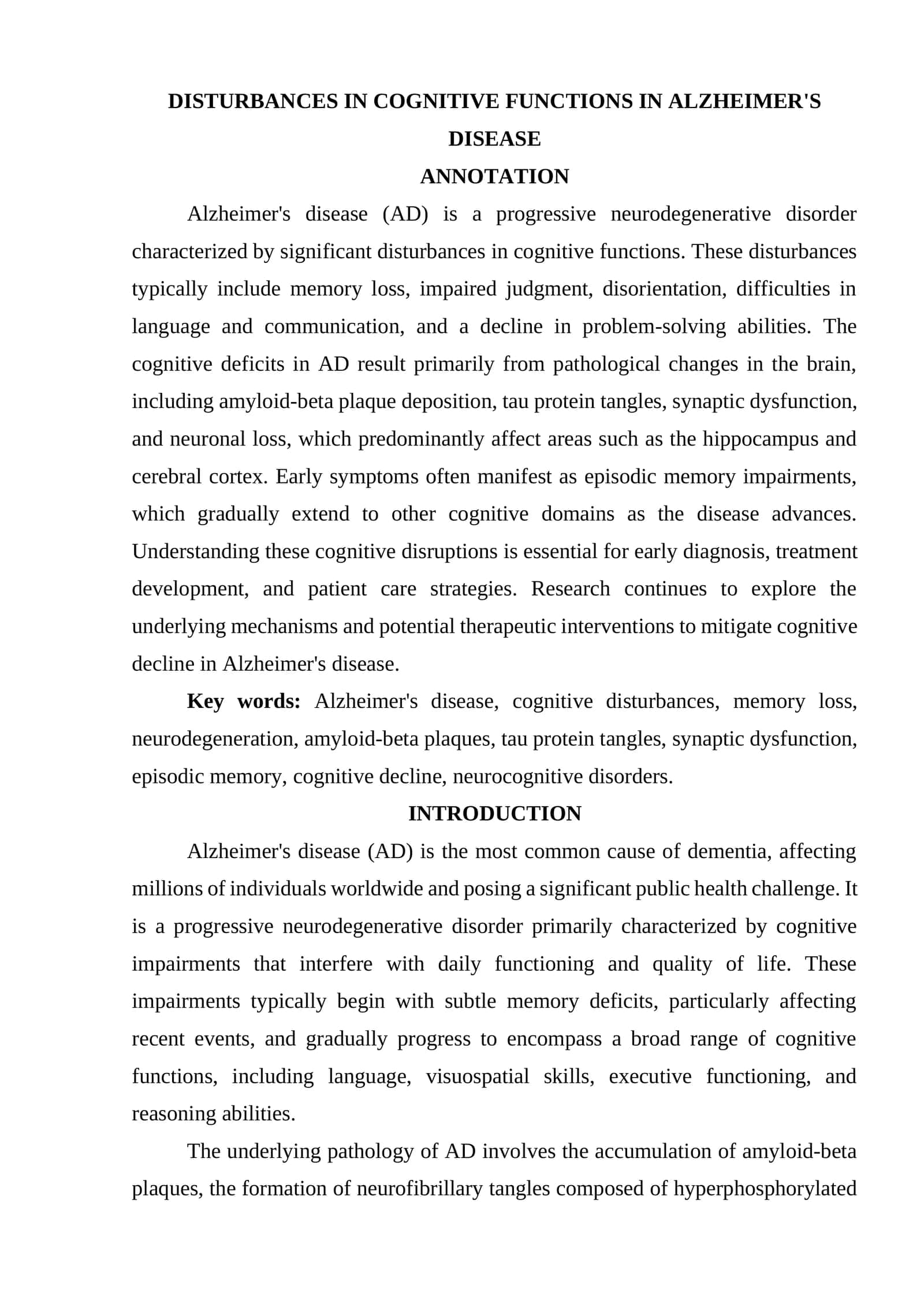 DISTURBANCES IN COGNITIVE FUNCTIONS IN ALZHEIMER'S DISEASE 1