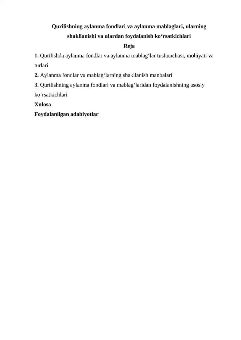 Qurilishning aylanma fondlari va aylanma mablaglari