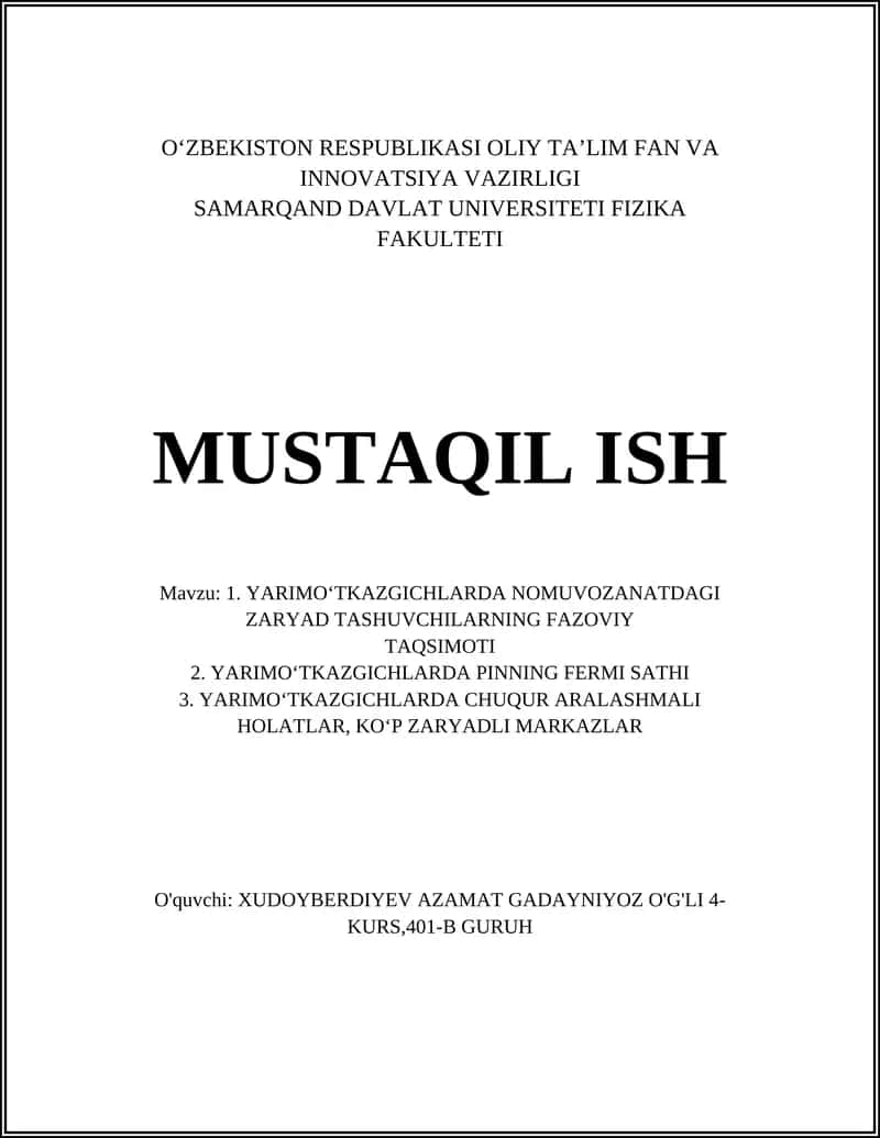 YARIMOʻTKAZGICHLARDA NOMUVOZANATDAGI ZARYAD TASHUVCHILARNING FAZOVIY TAQSIMOTI 1