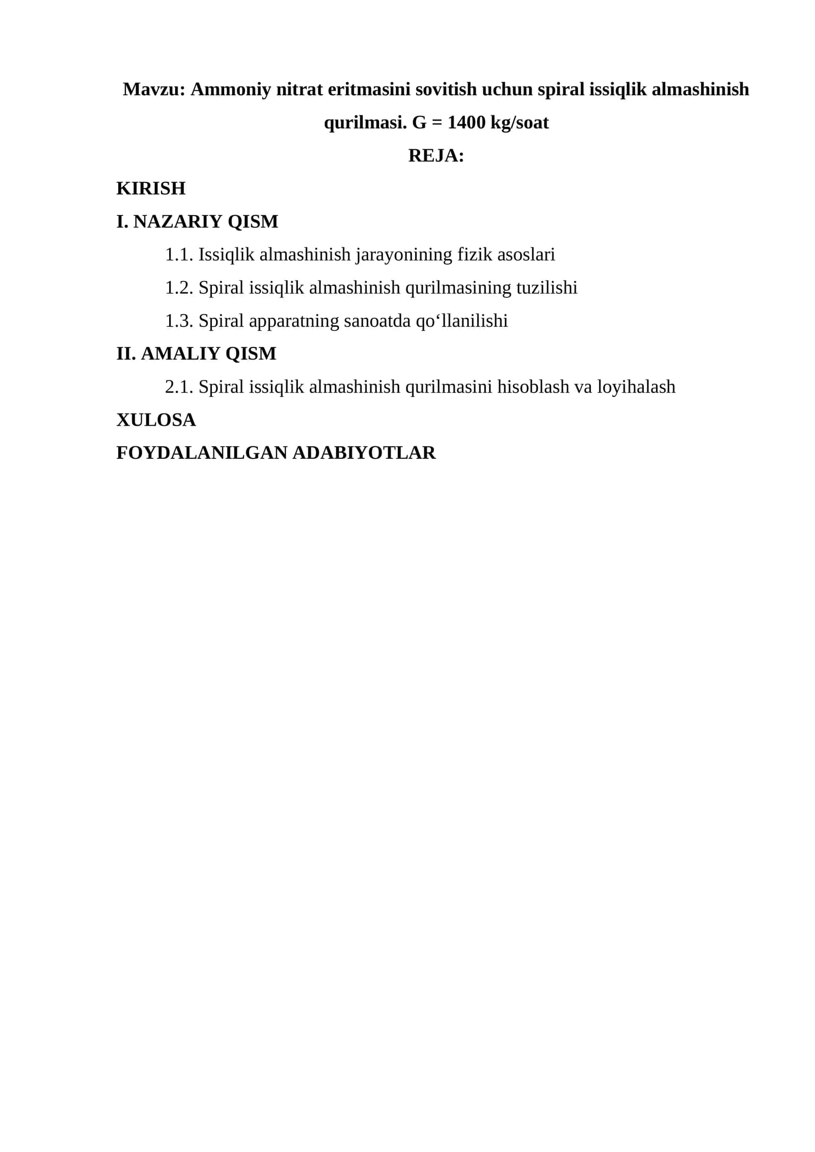 Ammoniy nitrat eritmasini sovitish uchun spiral issiqlik almashinish qurilmasi. G = 1400 kg/soat 1