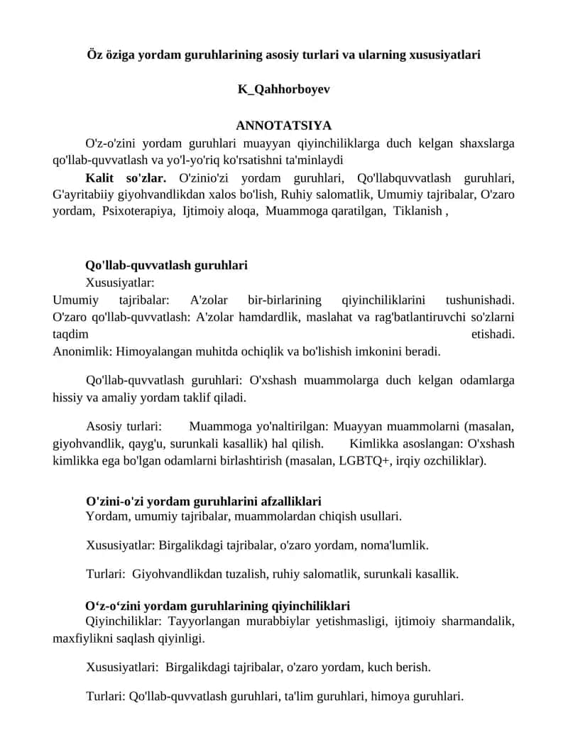 Öz öziga yordam guruhlarining asosiy turlari va ularning xususiyatlari 1