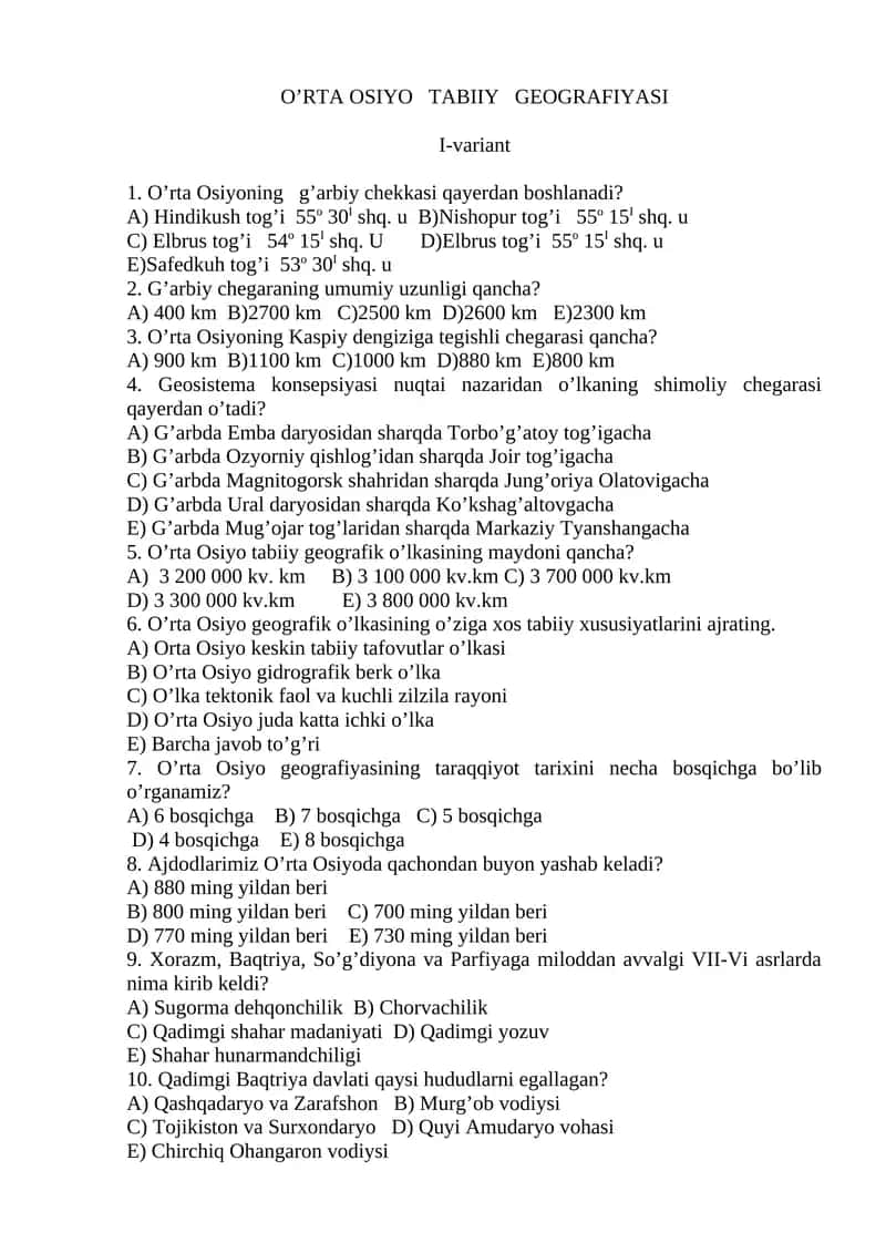 O’RTA OSIYO TABIIY GEOGRAFIYASI I-variant 1