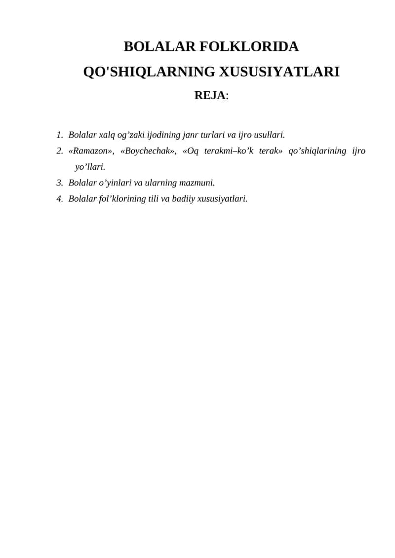 Bolalar Folklorida Qo'shiqlarning Xususiyatlari 1