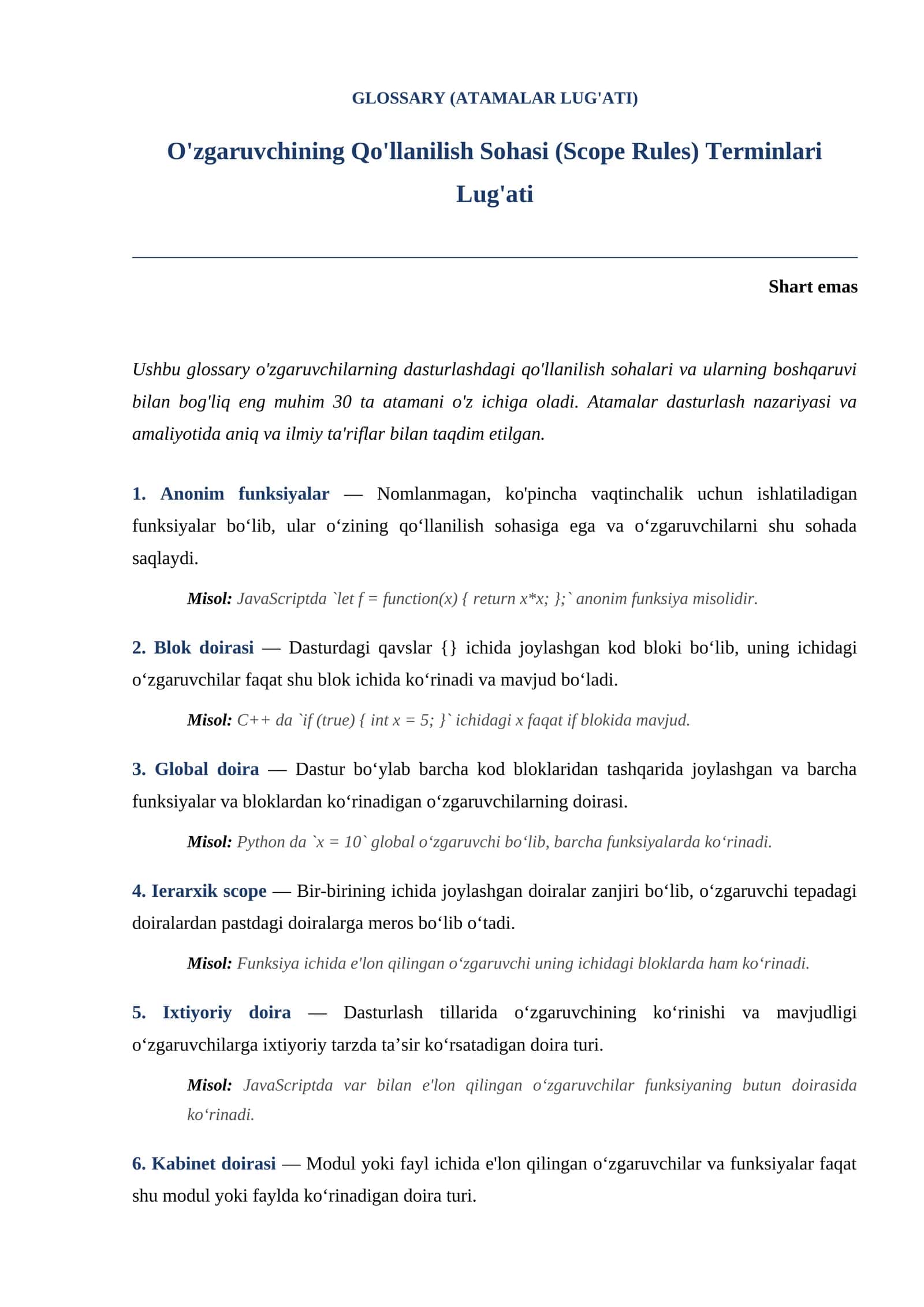 O'zgaruvchining Qo'llanilish Sohasi (Scope Rules) Terminlari Lug'ati 1