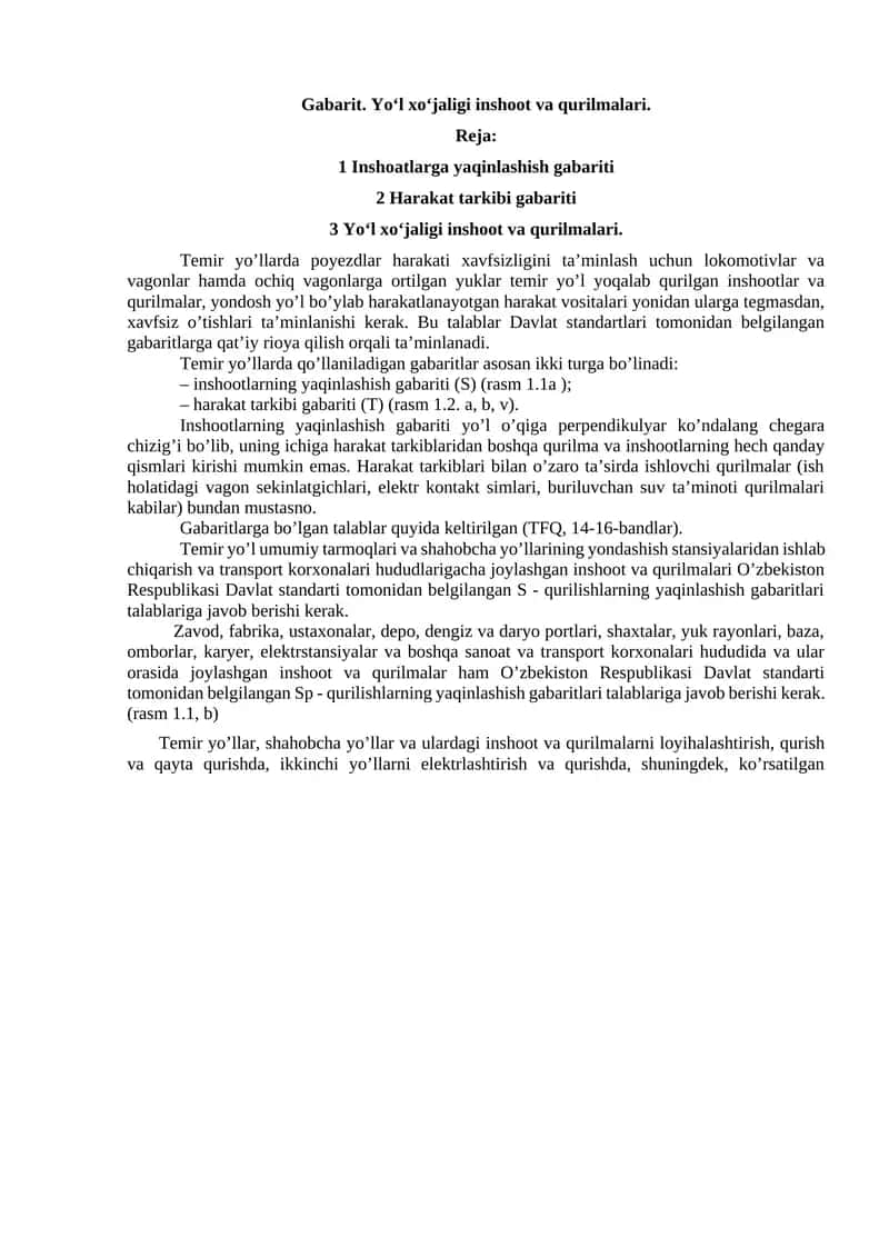 Gabarit. Yo‘l xo‘jaligi inshoot va qurilmalari. 1