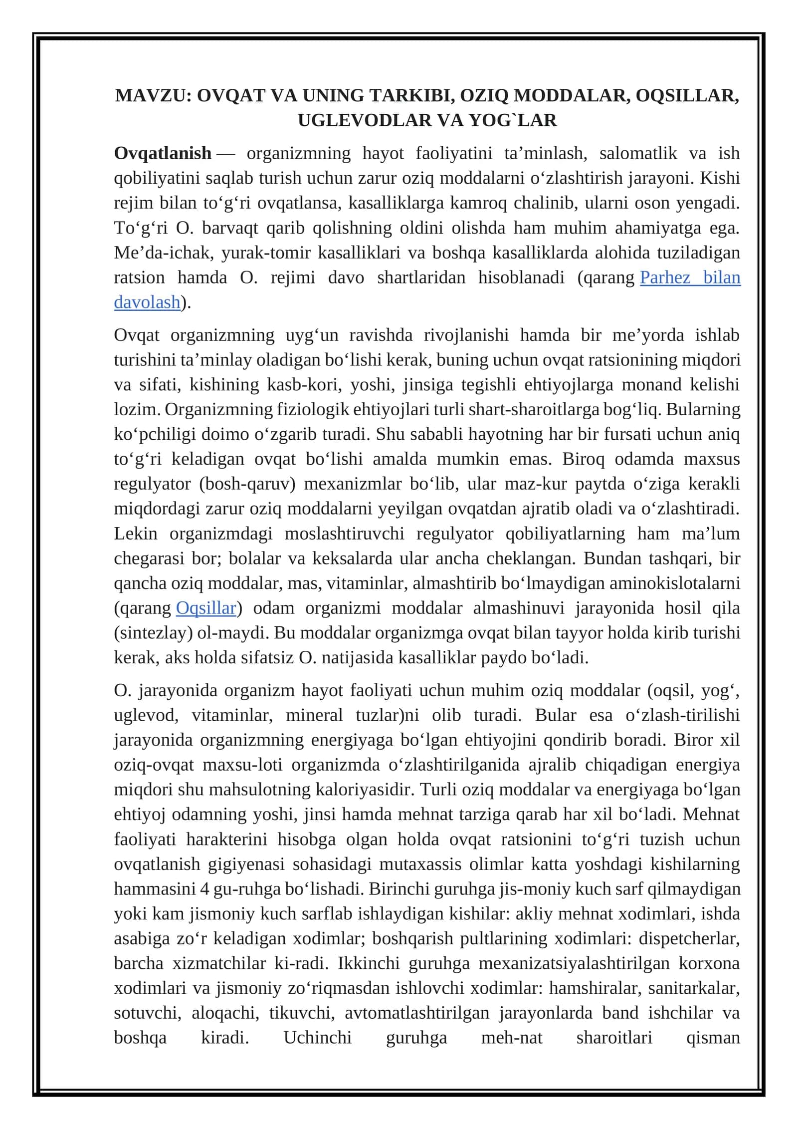 OVQAT VA UNING TARKIBI, OZIQ MODDALAR, OQSILLAR, UGLEVODLAR VA YOG`LAR 1