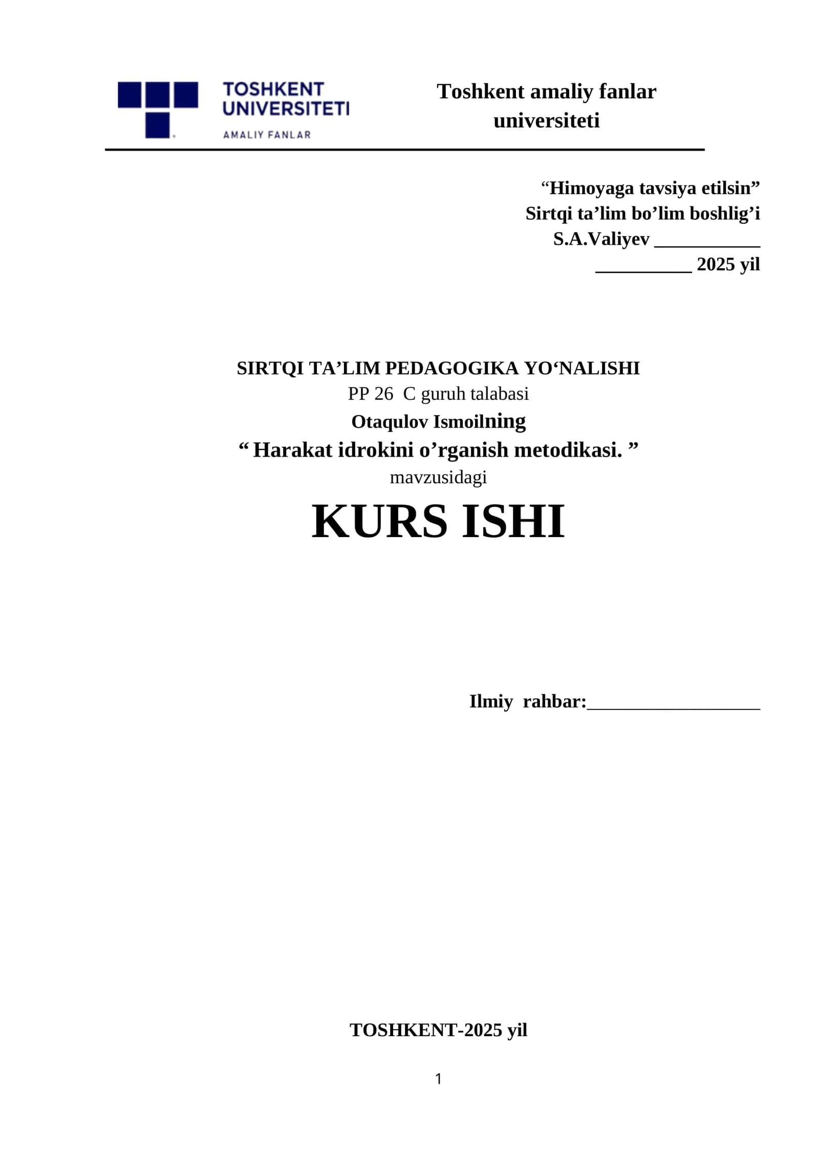 Harakat idrokini o’rganish metodikasi. KURS ISHI 1
