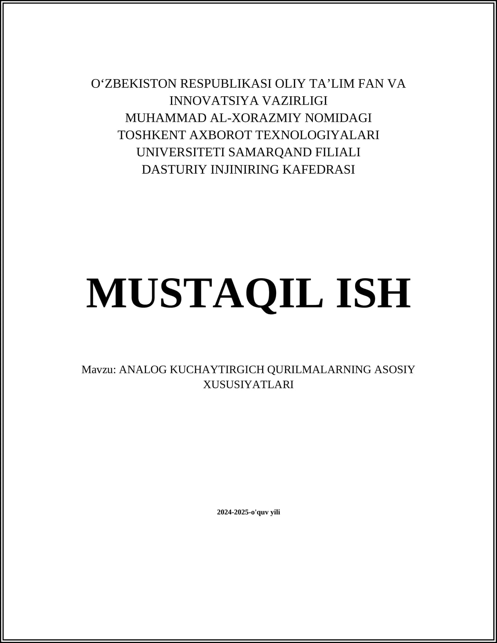 ANALOG KUCHAYTIRGICH QURILMALARNING ASOSIY XUSUSIYATLARI 1