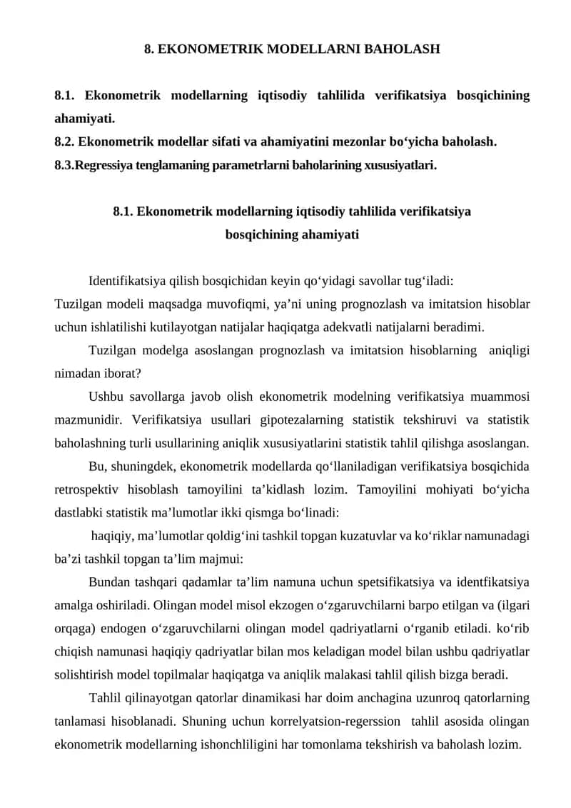 EKONOMETRIK MODELLARNI BAHOLASH 1